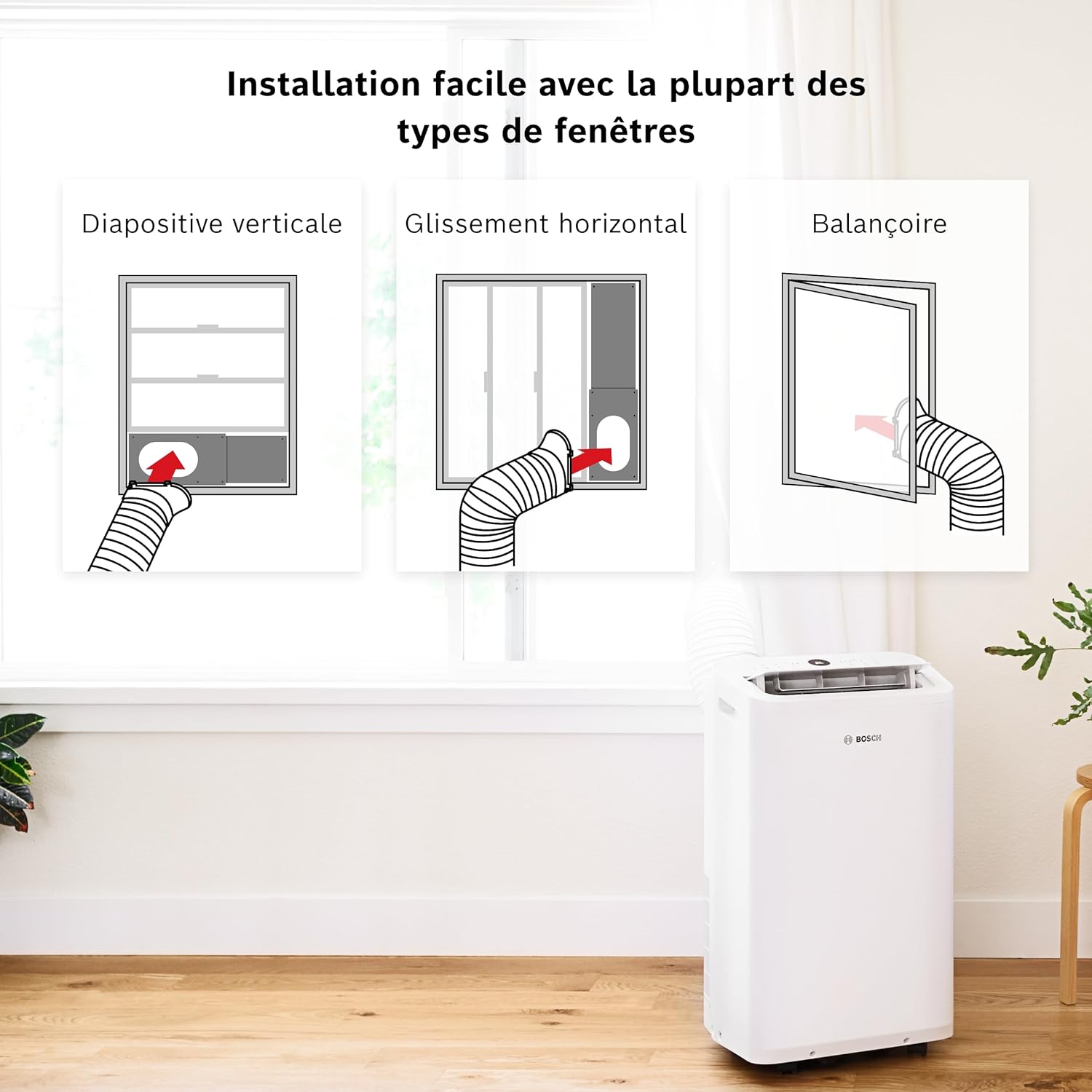 Bosch Cool 2000 Portable AC - 3 en 1 : Climatiseur, Déshumidificateur, Ventilateur - 2,6kW PAC pour les pièces jusqu'à 35m² - Avec Mode Auto, Mode Silencieux & Mode Veille
