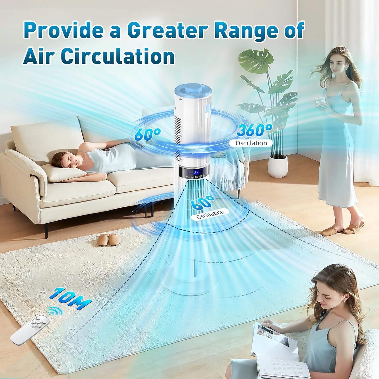 Climatiseur Mobile Silencieux Rafraîchisseur d'air avec Humidificateur, Ventilateur, 2 Sortie d'air, 360°Oscillation, 65W, 24H Minuteries, 3 Vitesses, 4 Modes,Télécommande pour Chambre Bureau