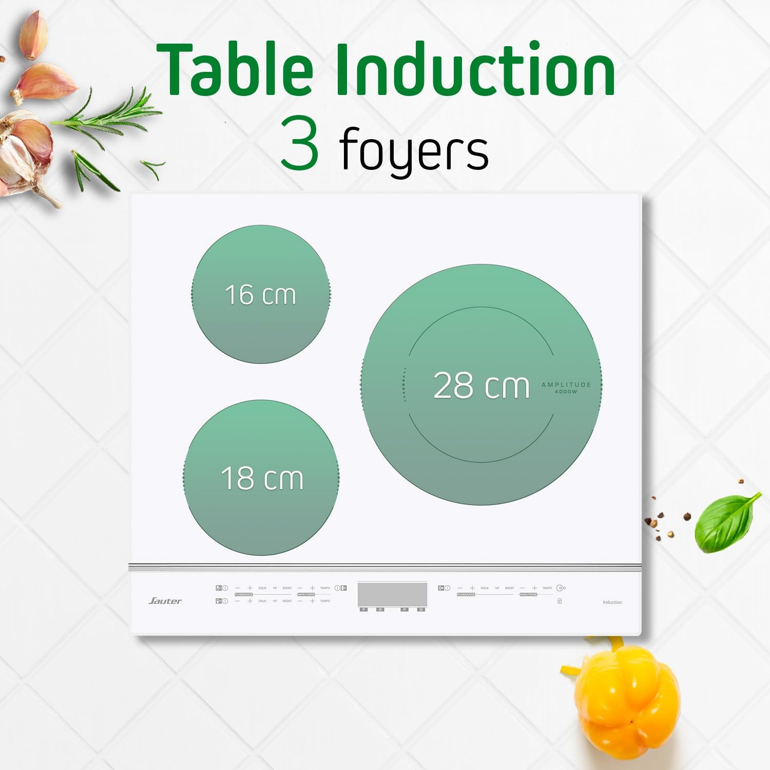 Sauter - SPI4360W - Plaque Induction - Table de Cuisson Encastrable - Blanc - 3 Foyers - 7200W - Dimensions Encastrement : 56x49cm - Grand Foyer 28 cm et 14 Positions Cuissons - Fabriqué en France