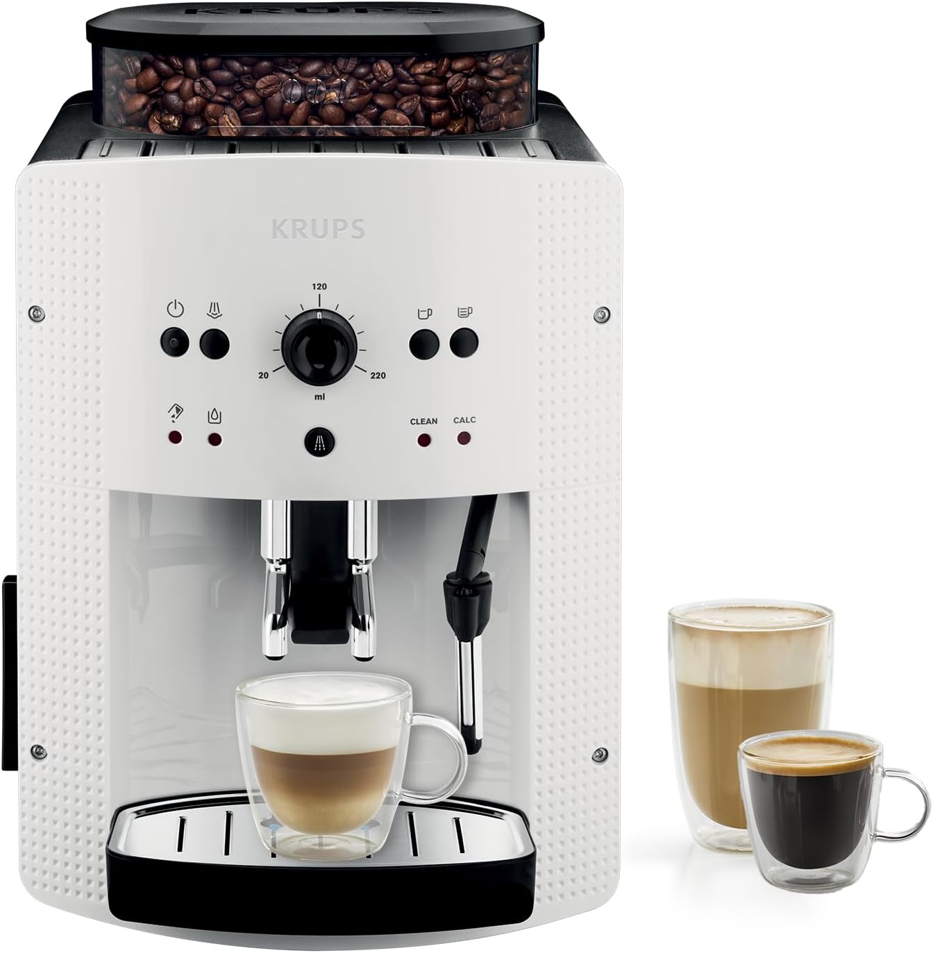 Krups Machine à café grain, 1,7 L, 2 tasses en simultané, Nettoyage automatique, Buse vapeur pour Cappuccino, Cafetière espresso, Essential noire YY8125FD, Noir