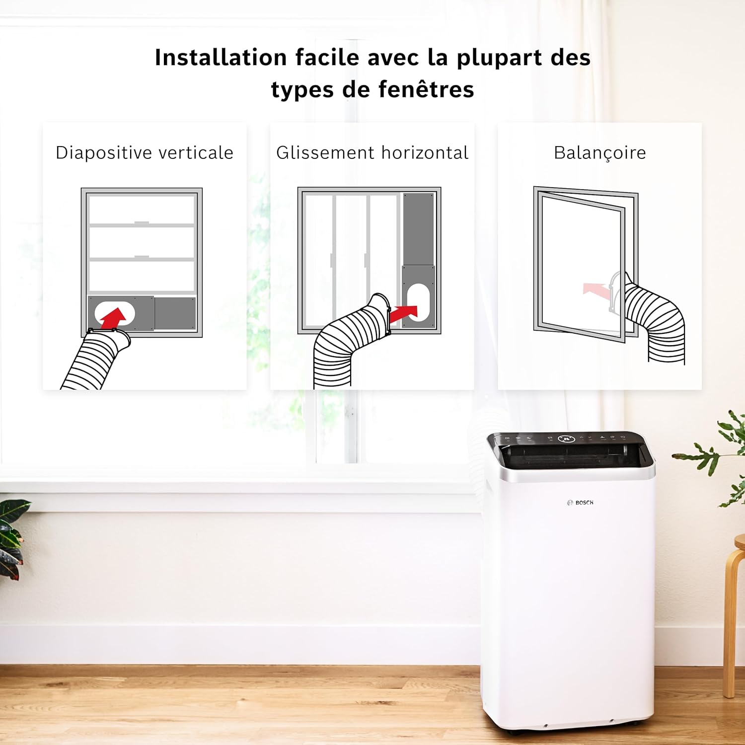 Bosch Cool 2000 Portable AC - 3 en 1 : Climatiseur, Déshumidificateur, Ventilateur - 2,6kW PAC pour les pièces jusqu'à 35m² - Avec Mode Auto, Mode Silencieux & Mode Veille