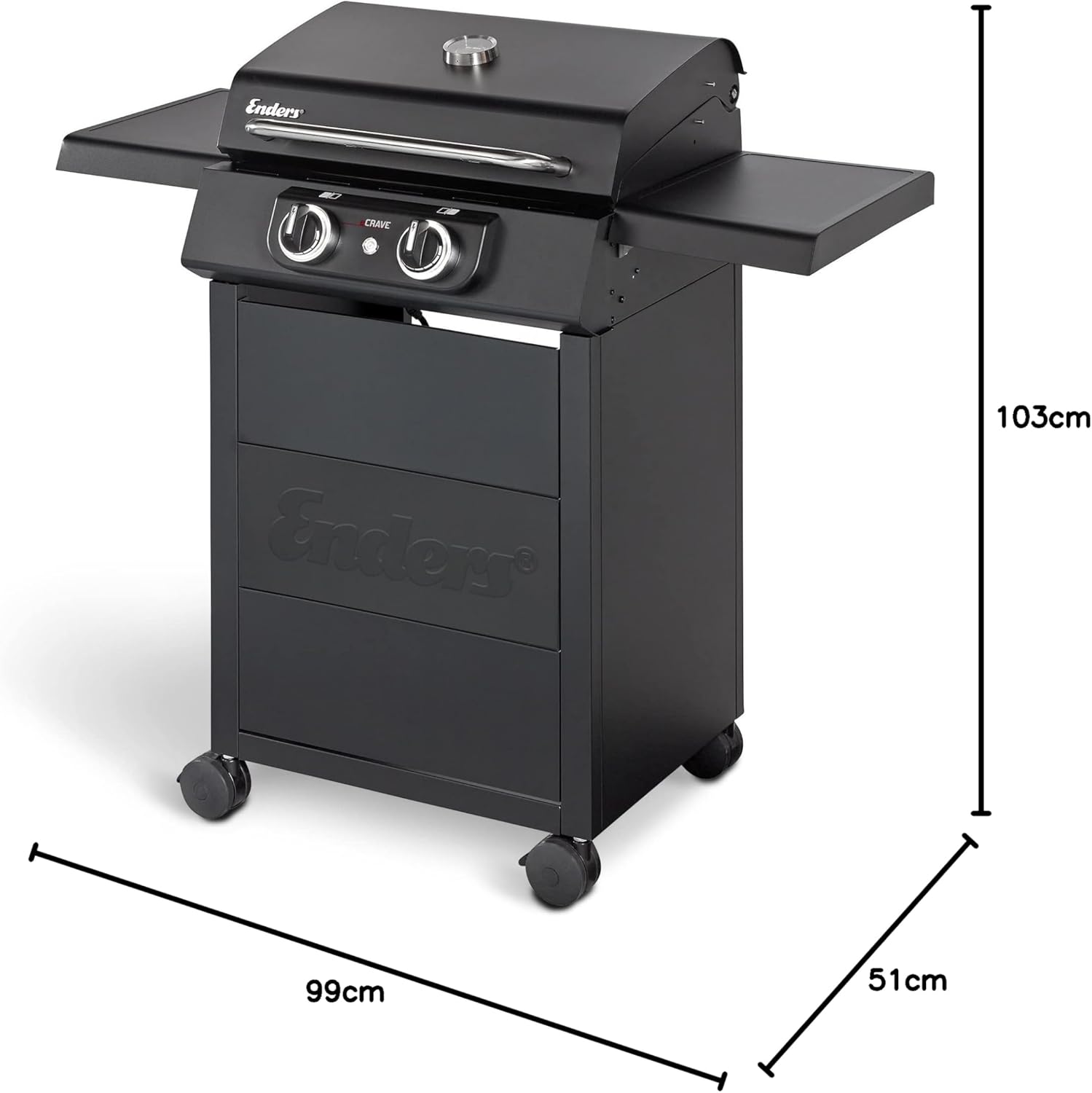 Enders® Barbecue électrique eCRAVE 2, avec grille en fonte, chariot de barbecue avec beaucoup d'espace de rangement, système de nettoyage Simple Clean ™, 2 éléments chauffants puissants, hotte de