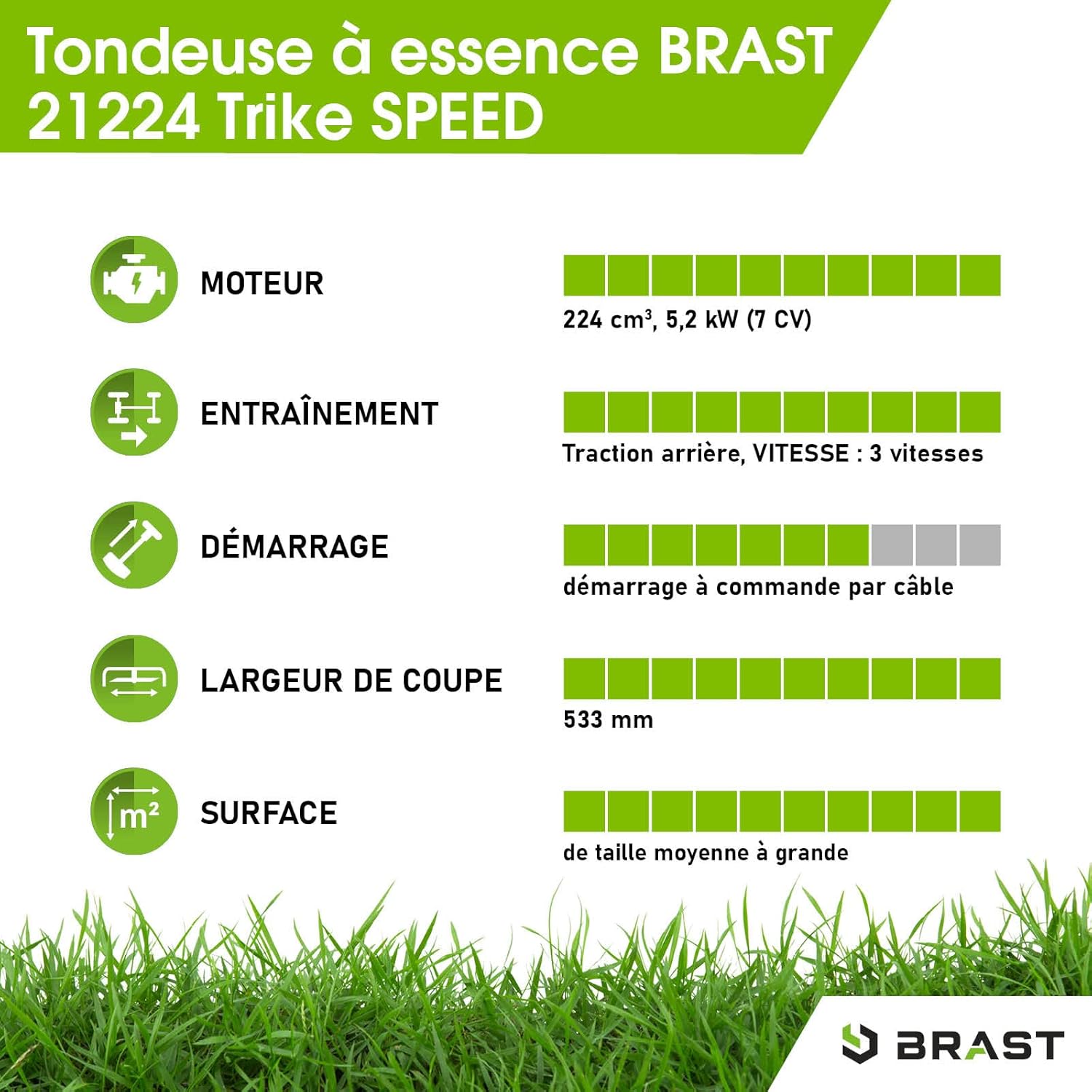 BRAST tondeuse thermique 3 roues TRIKE E-START 224cc 53cm tractée démarrage électrique mulching 4en1 capot en tôle en acier 60l - moteur 4 temps de la marque française GT reglable