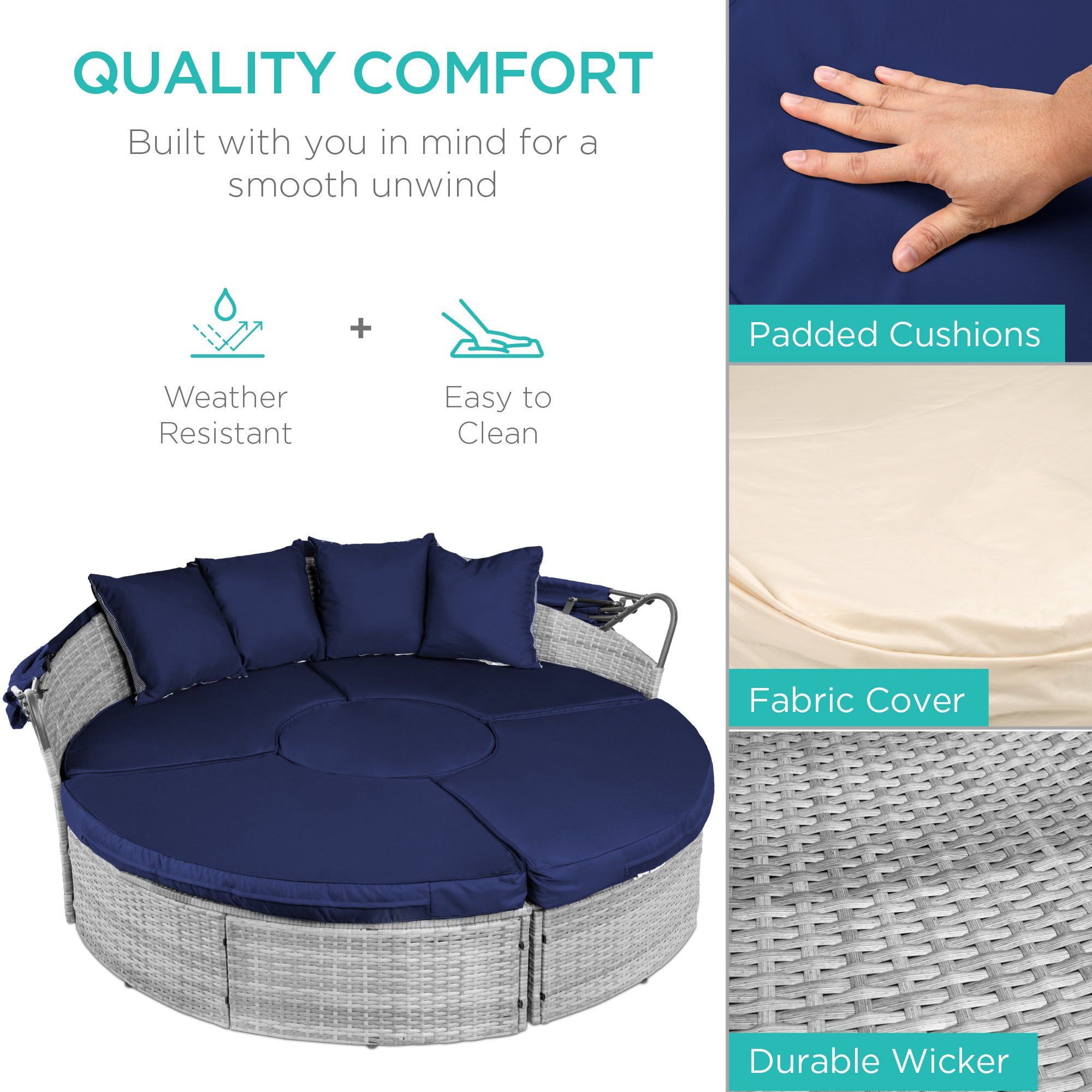 Couche de lit de jour en osier 2 en 1, 5 pièces W/sièges réglables, verrière, couverture