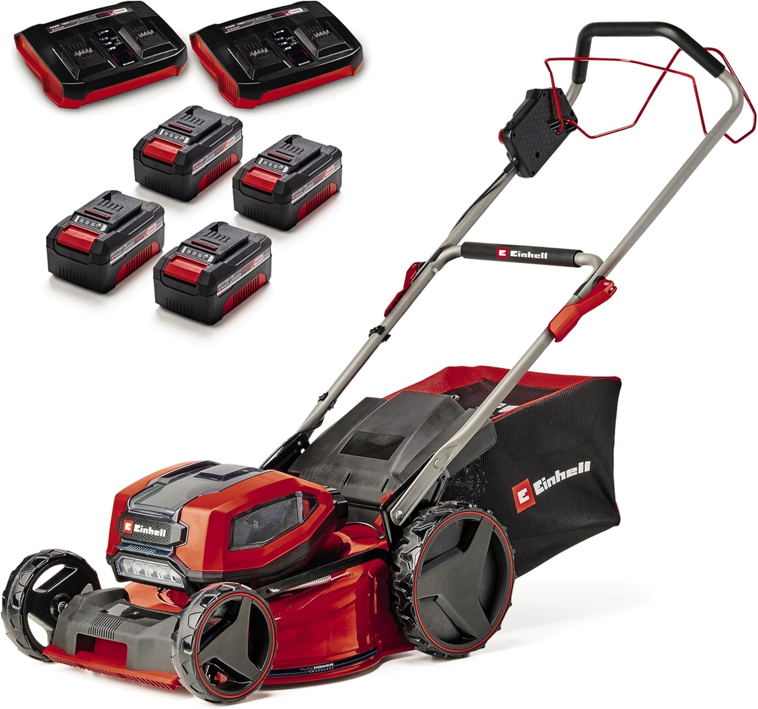 Einhell Professional Tondeuse à gazon sans fil GP-CM 36/47 S HW Li Power X-Change (36V, 47 cm largeur de coupe, autotractée, moteur sans charbon) Livré avec 4 Batteries 4,0Ah et 2 Chargeurs Doubles