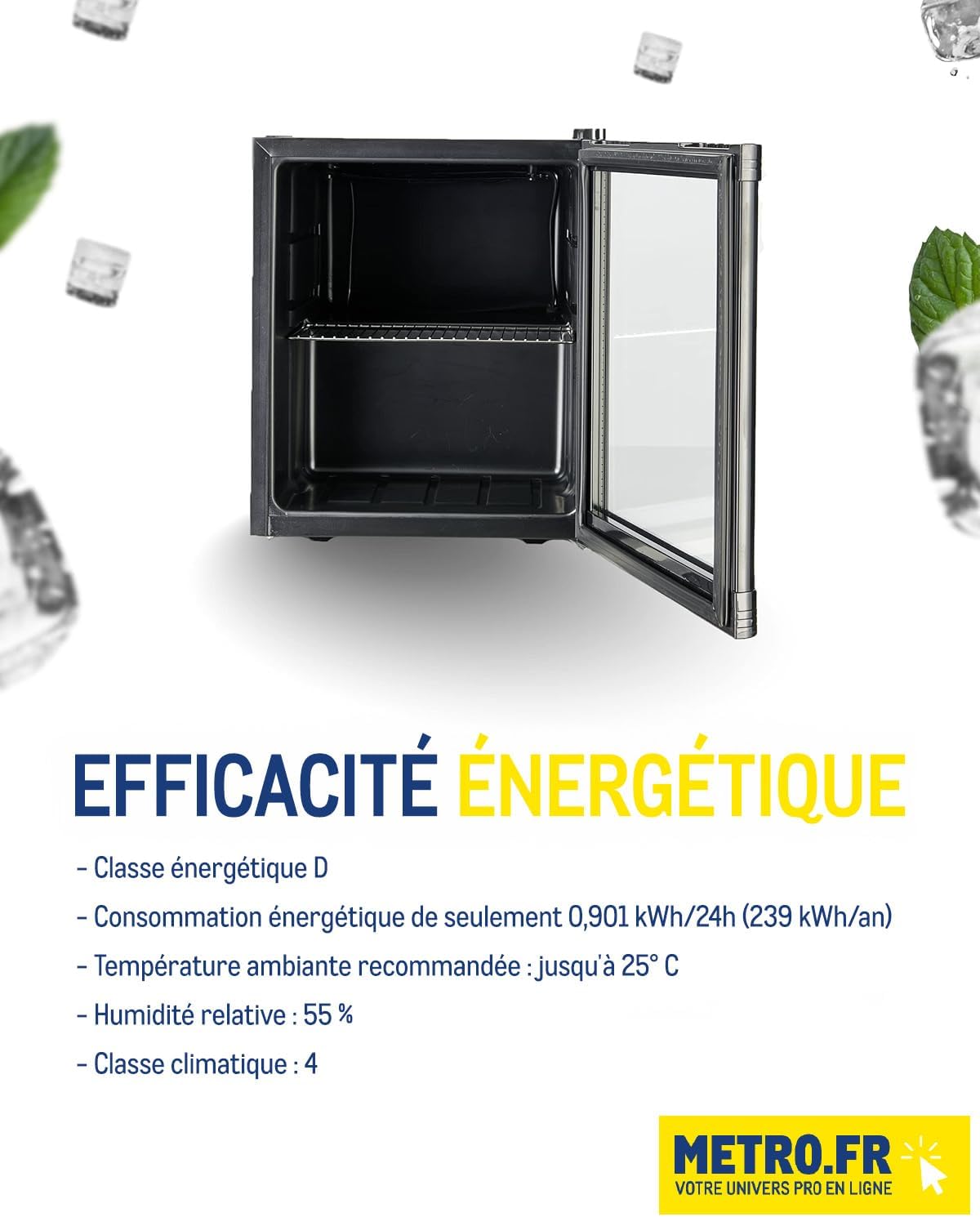 METRO Professional Réfrigérateur à boissons GPC1088, métal/verre, 43 x 49 x 83 cm, 88 L, réfrigération statique, noir