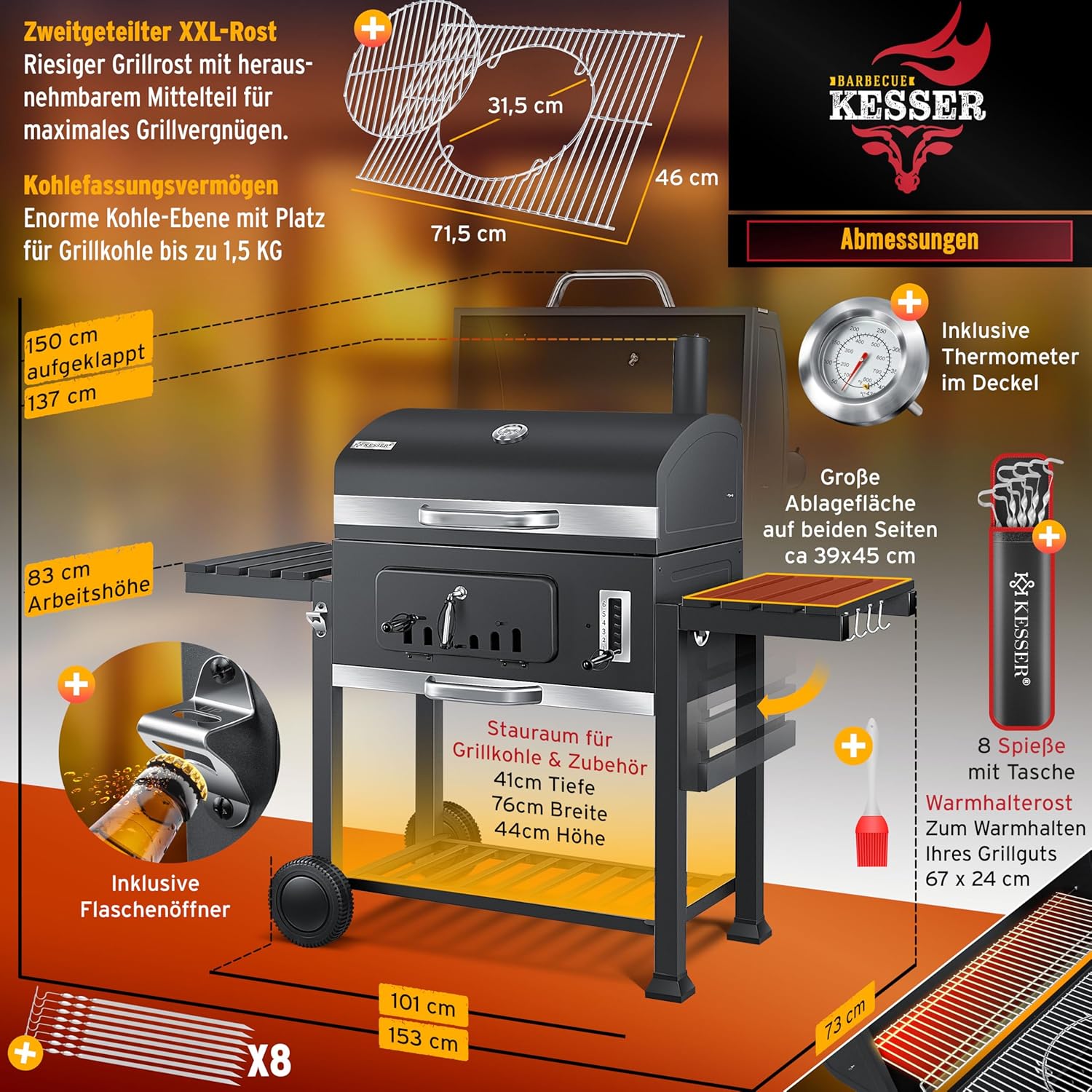 KESSER® Chariot à Barbecue | Grill XL à Charbon de Bois avec Couvercle, Roues, poignée en Acier Inoxydable, Grille et thermomètre | Grand Barbecue au Charbon de Bois