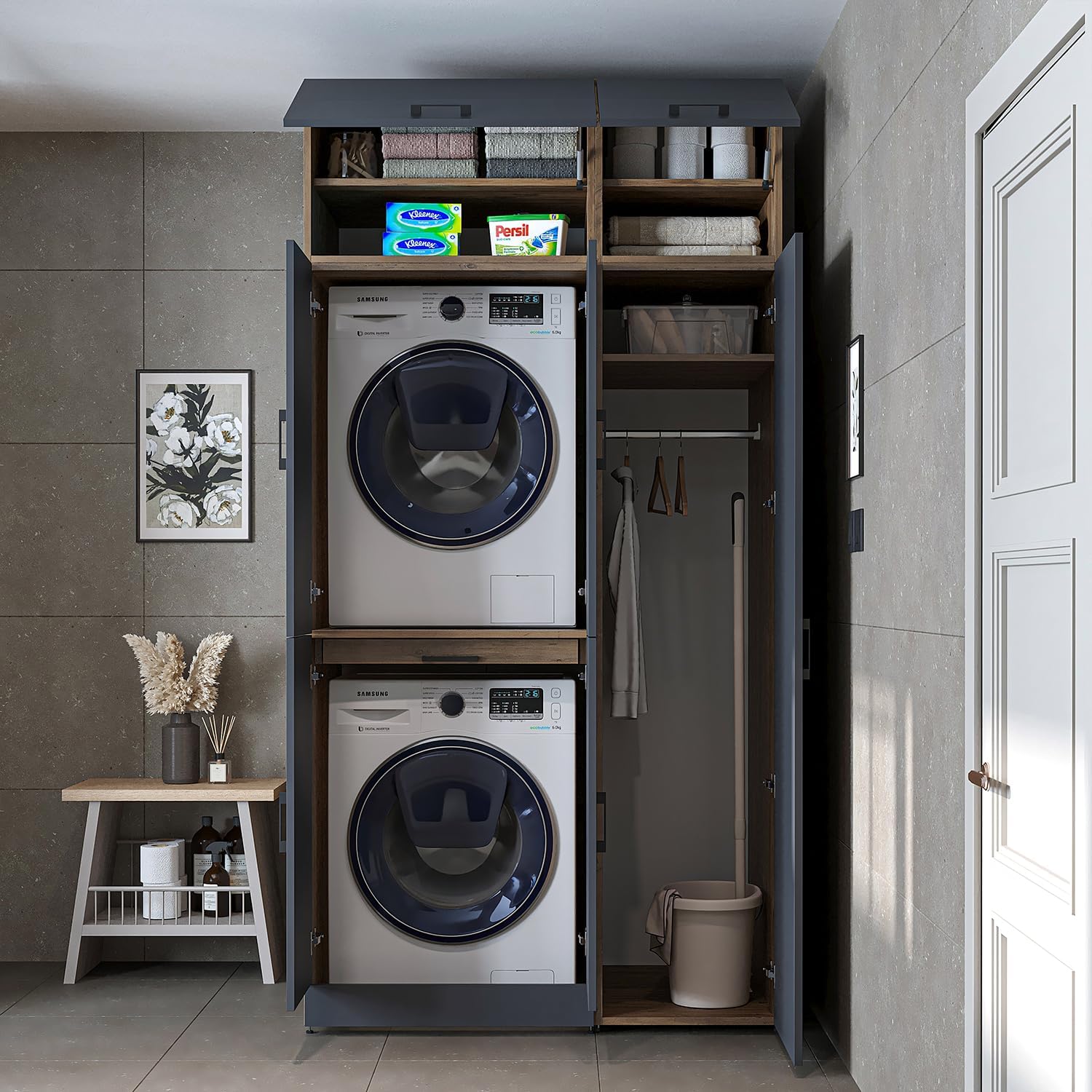 ROOMART Dora - Armoire de machine à laver - Pour sèche-linge et machine à laver - En 4 couleurs - Avec portes et panneau coulissant - Blanc - Chêne blanc - Chêne anthracite - Chêne blanc (chêne blanc)