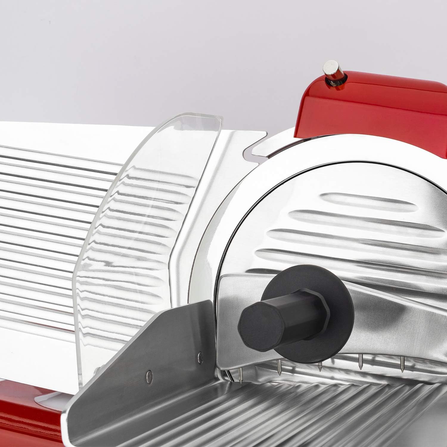 H.Koenig Trancheuse électrique à viande MSX254, charcuterie, professionnelle, précise,coupe 0-12 mm,lame 25 cm,aiguiseur intégré,large plateau,282 rpm, Rouge