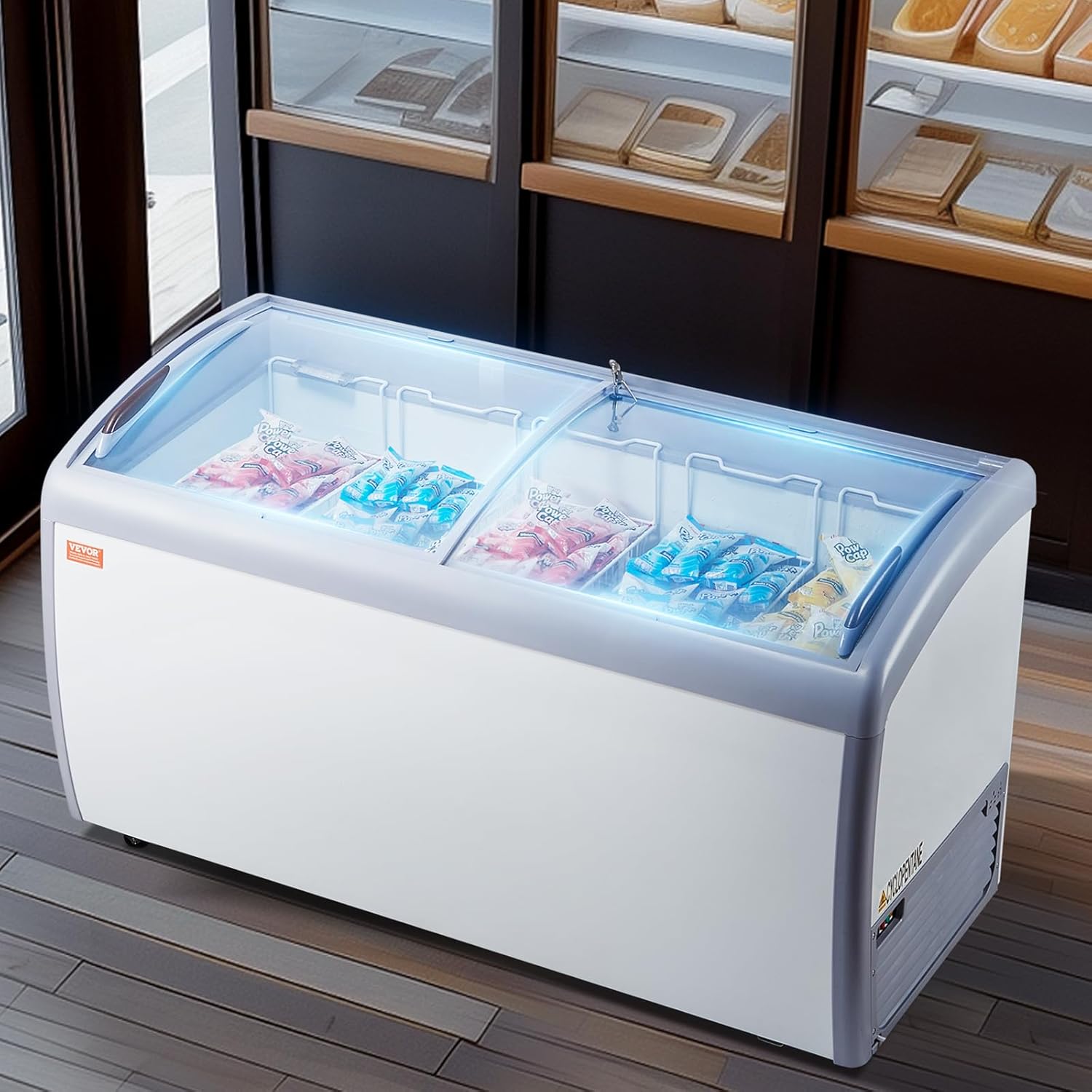 VEVOR Vitrine Réfrigérée à Crème Glacée Commerciale, Comptoir à Glace 460 L, Congélateur Mobile avec Dessus en Verre, 5 Paniers Métalliques, 2 Portes Coulissantes en Verre, Roulettes Verrouillables