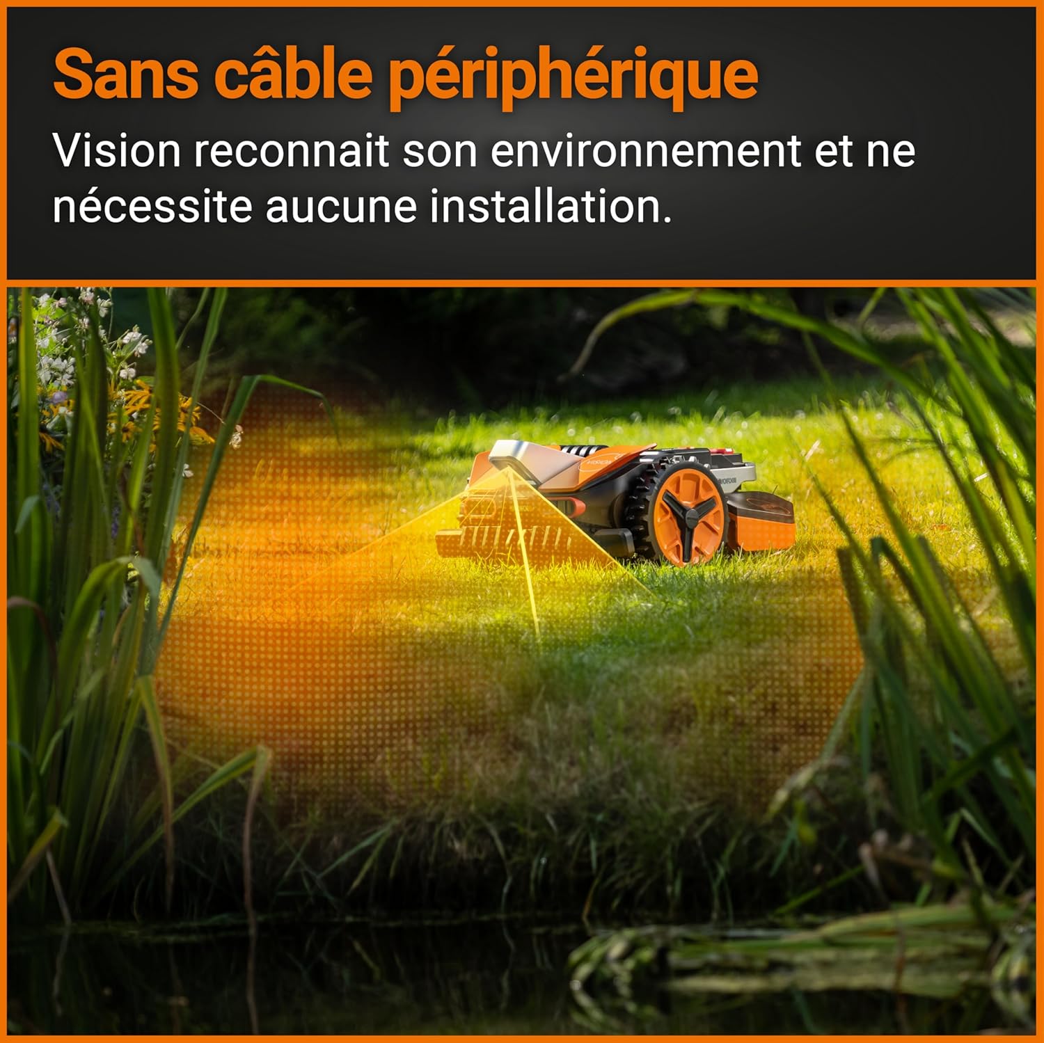 WORX LANDROID Vision WR206E.1, Robot Tondeuse sans Fil périphérique 600 m² Surf.Max 700 m², Installation en 30 Min, Caméra 4K + IA Adaptative, évite Tous Les Obstacles, Coupe des Bordures, Multizone