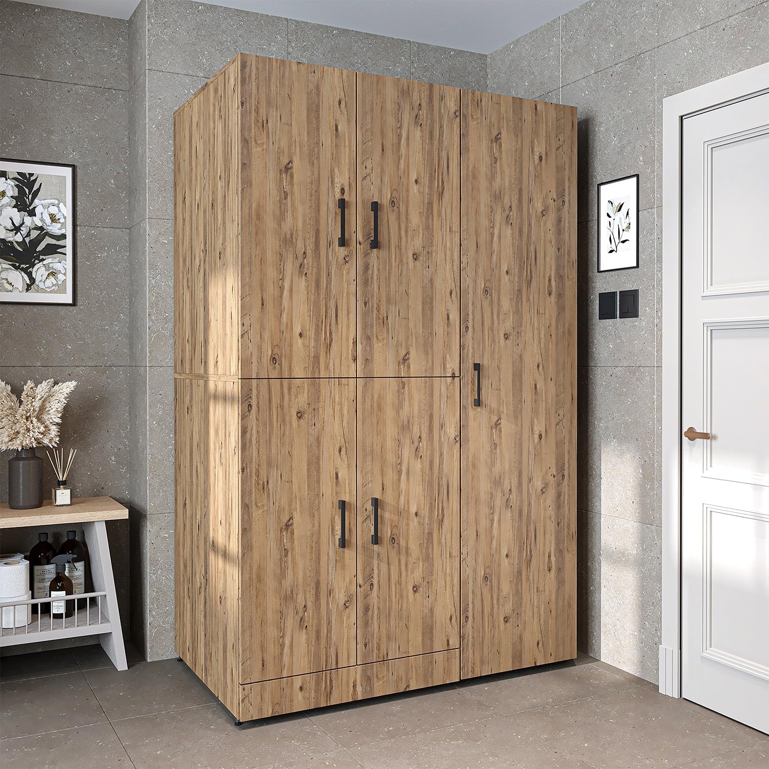 ROOMART Dora - Armoire de machine à laver - Pour sèche-linge et machine à laver - En 4 couleurs - Avec portes et panneau coulissant - Blanc - Chêne blanc - Chêne anthracite - Chêne blanc (chêne blanc)