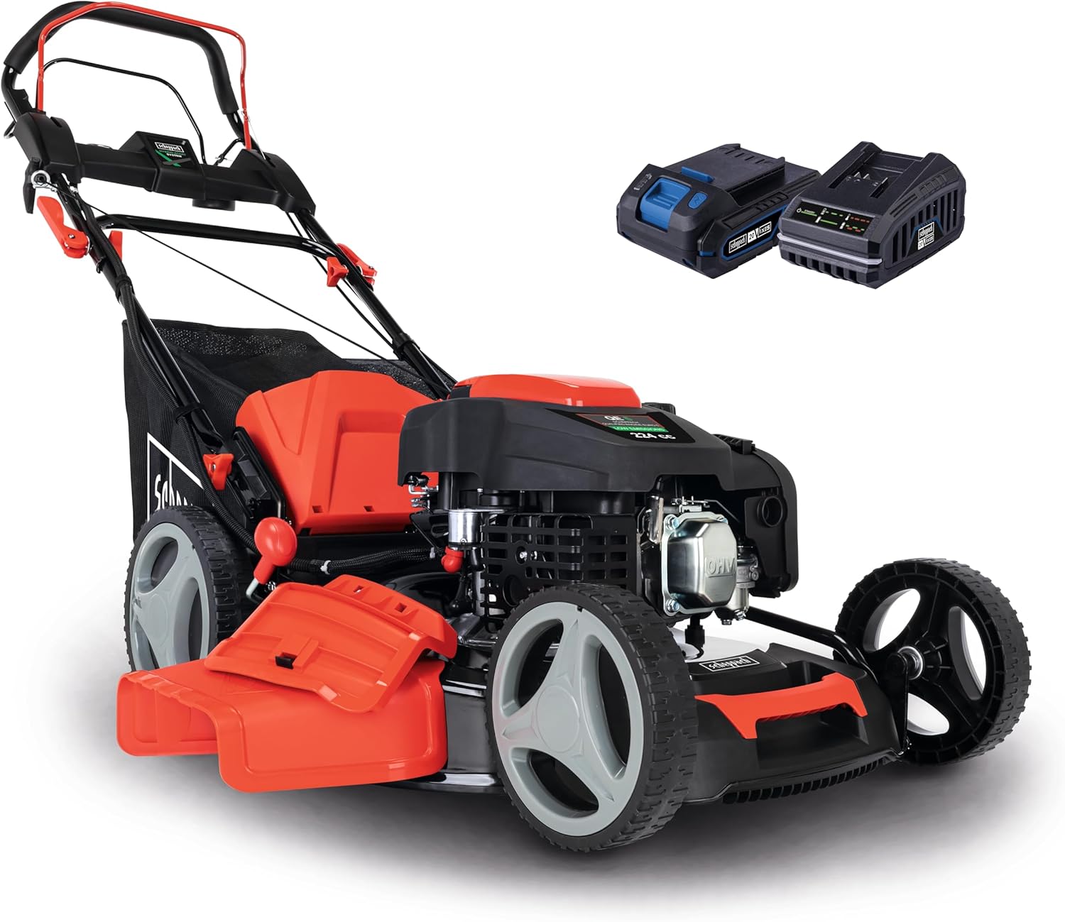 Scheppach Tondeuse à Gazon Hybride MS225-53E – Moteur 4 Temps 224 cm3 / 6 CV – 4400 W – Largeur de Coupe 53 cm – Démarrage électrique – Bac 65 L – Batteries, chargeurs, Huile Inclus