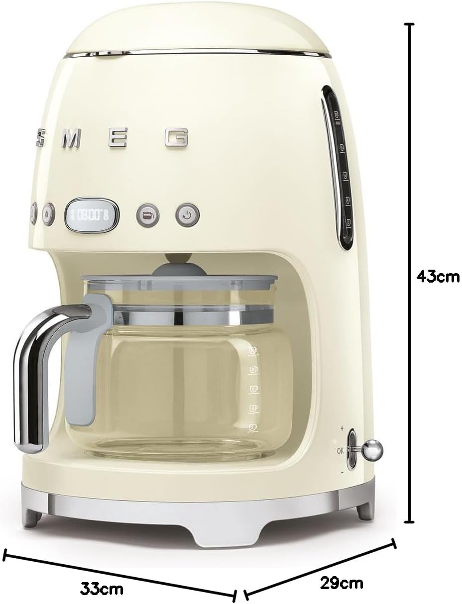 Smeg, Machine à Café Filtre DCF02PBEU, Fonction Arôme et Autostart, Carafe en Verre Jusqu'à 12 Tasses, 2 Niveaux d'Intensité, Mode Maintien au Chaud, 1050 W, Bleu Clair Pastel