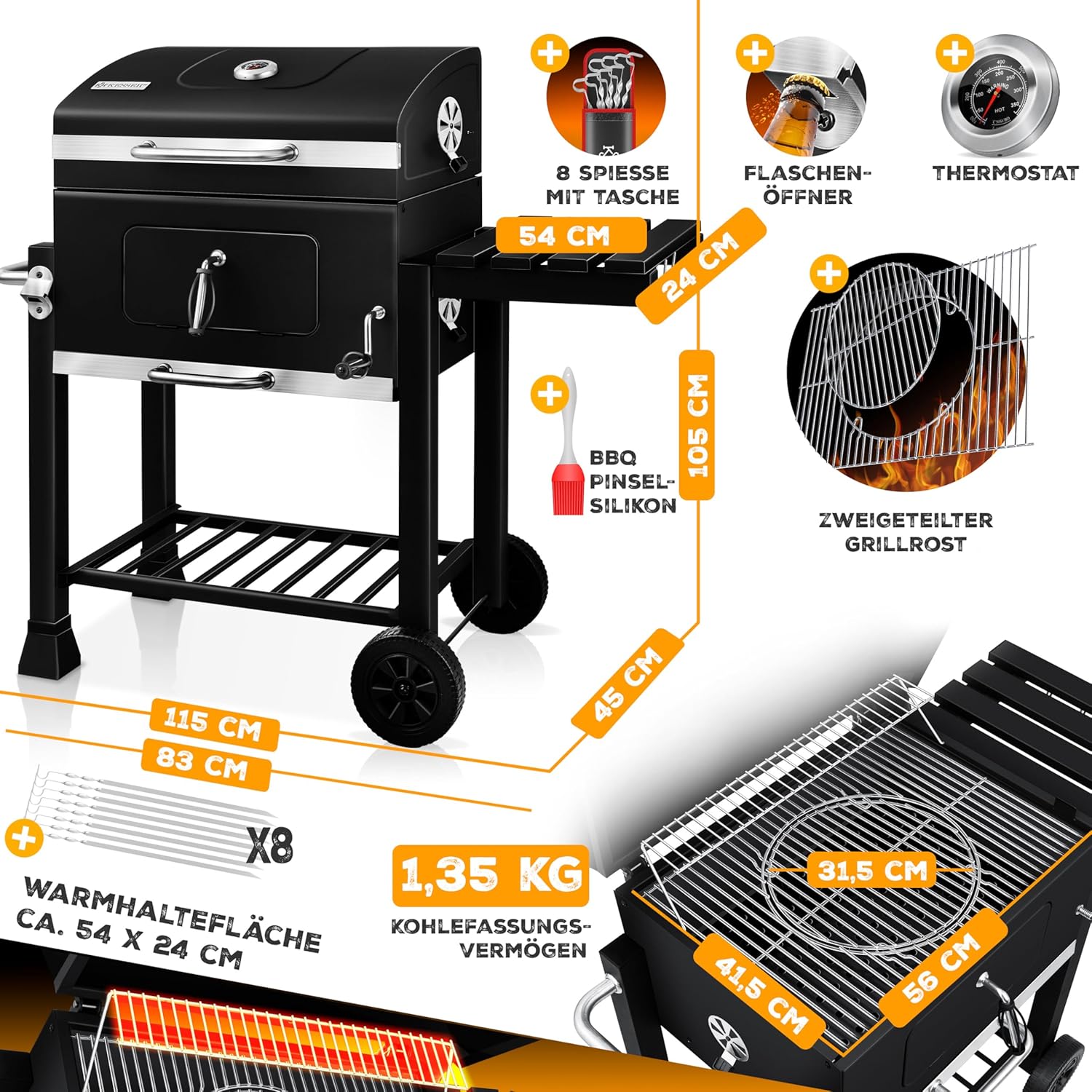 KESSER® Chariot à Barbecue | Grill XL à Charbon de Bois avec Couvercle, Roues, poignée en Acier Inoxydable, Grille et thermomètre | Grand Barbecue au Charbon de Bois