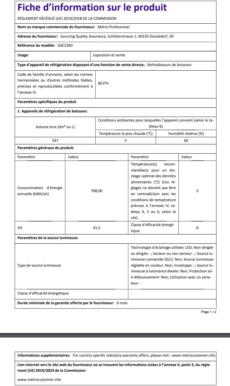 METRO Professional Réfrigérateur à Boissons GSC2360B, Acier/Verre, 62 x 63.6 x 175.3 cm, 347 L, avec Serrure, Noir