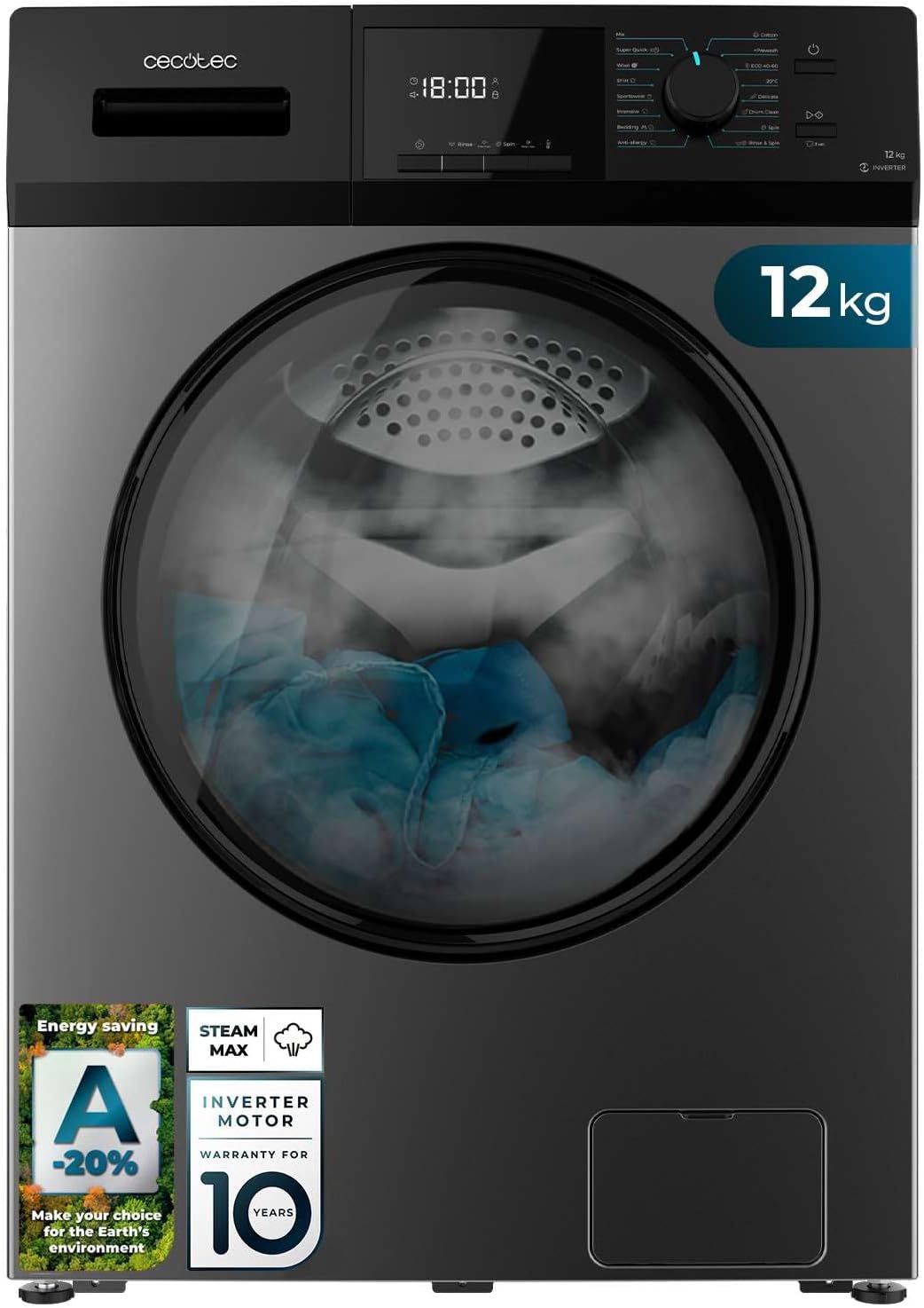 Cecotec Lave-Linge 9Kg Chargement Frontal Bolero Dresscode 9410 Inverter A. 1900W, 1400 tr/min Réglable, 16 Programmes, Faible Consommation d'Énergie, Vapeur, Stérilisation du Linge