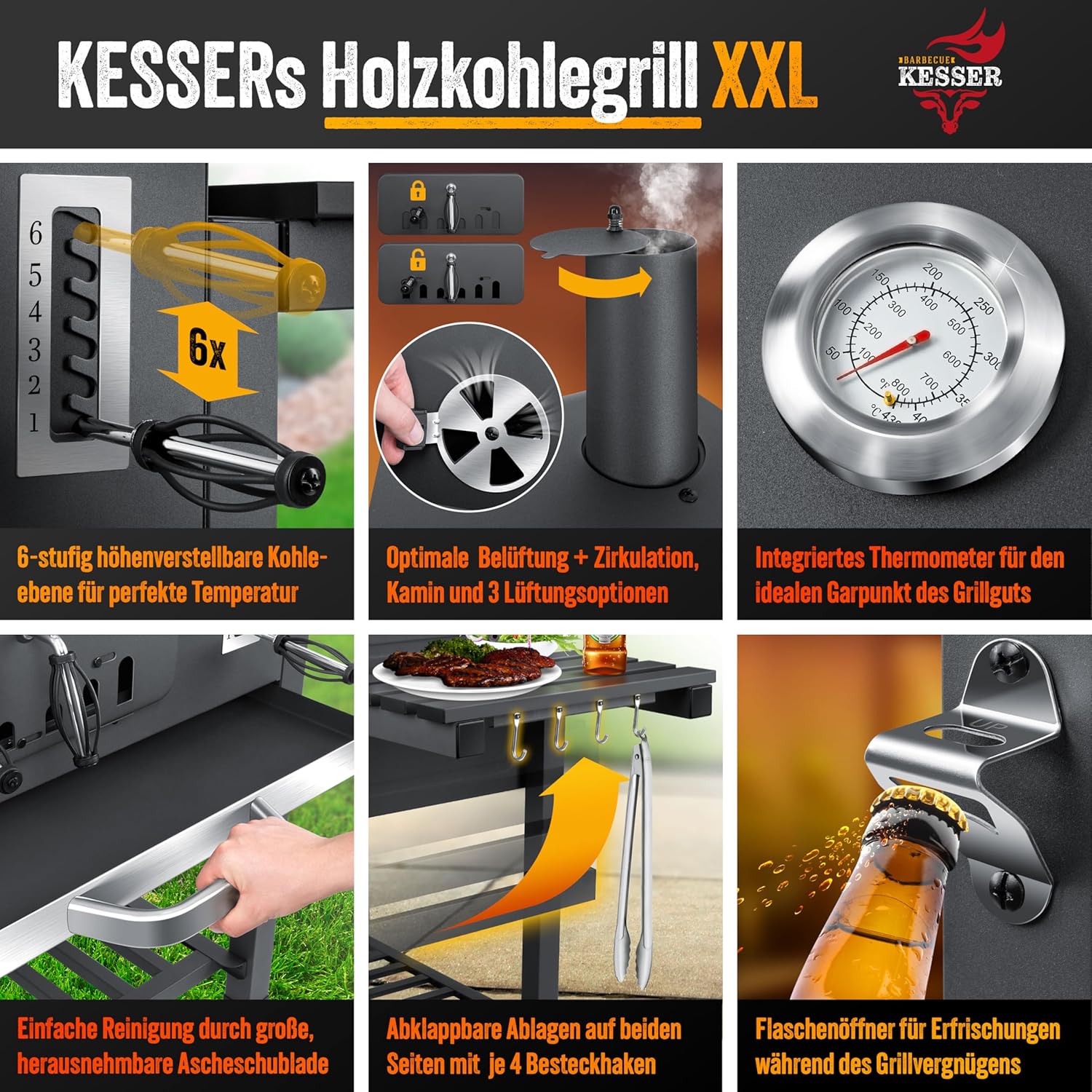 KESSER® Chariot à Barbecue | Grill XL à Charbon de Bois avec Couvercle, Roues, poignée en Acier Inoxydable, Grille et thermomètre | Grand Barbecue au Charbon de Bois