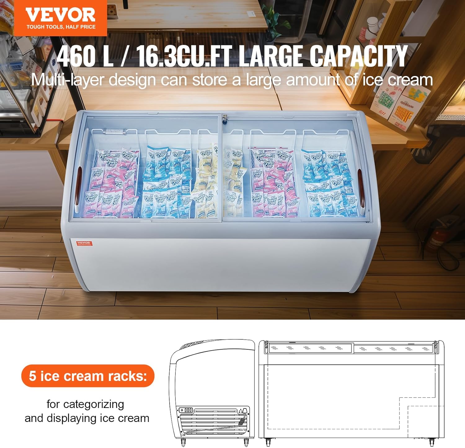 VEVOR Vitrine Réfrigérée à Crème Glacée Commerciale, Comptoir à Glace 460 L, Congélateur Mobile avec Dessus en Verre, 5 Paniers Métalliques, 2 Portes Coulissantes en Verre, Roulettes Verrouillables