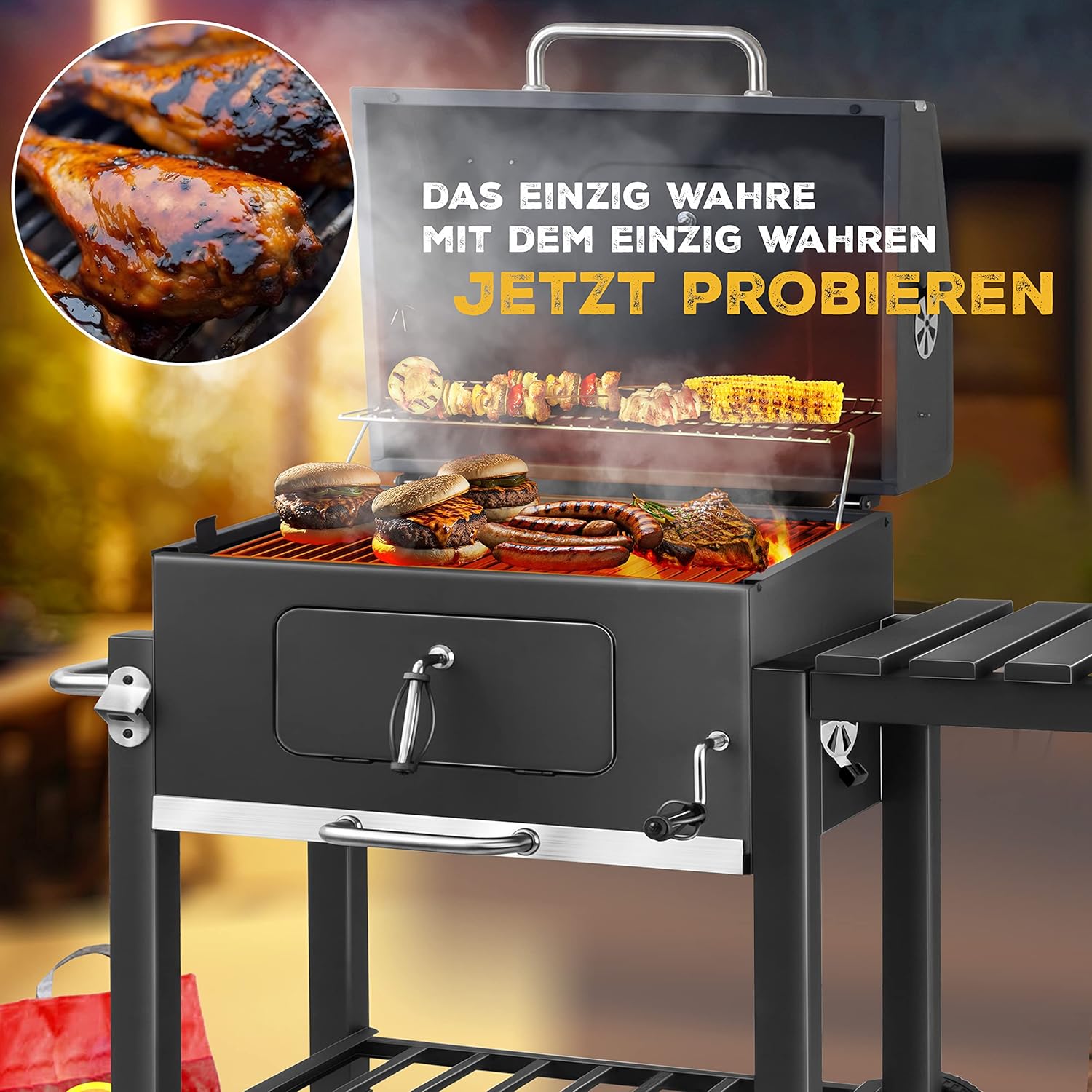 KESSER® Chariot à Barbecue | Grill XL à Charbon de Bois avec Couvercle, Roues, poignée en Acier Inoxydable, Grille et thermomètre | Grand Barbecue au Charbon de Bois