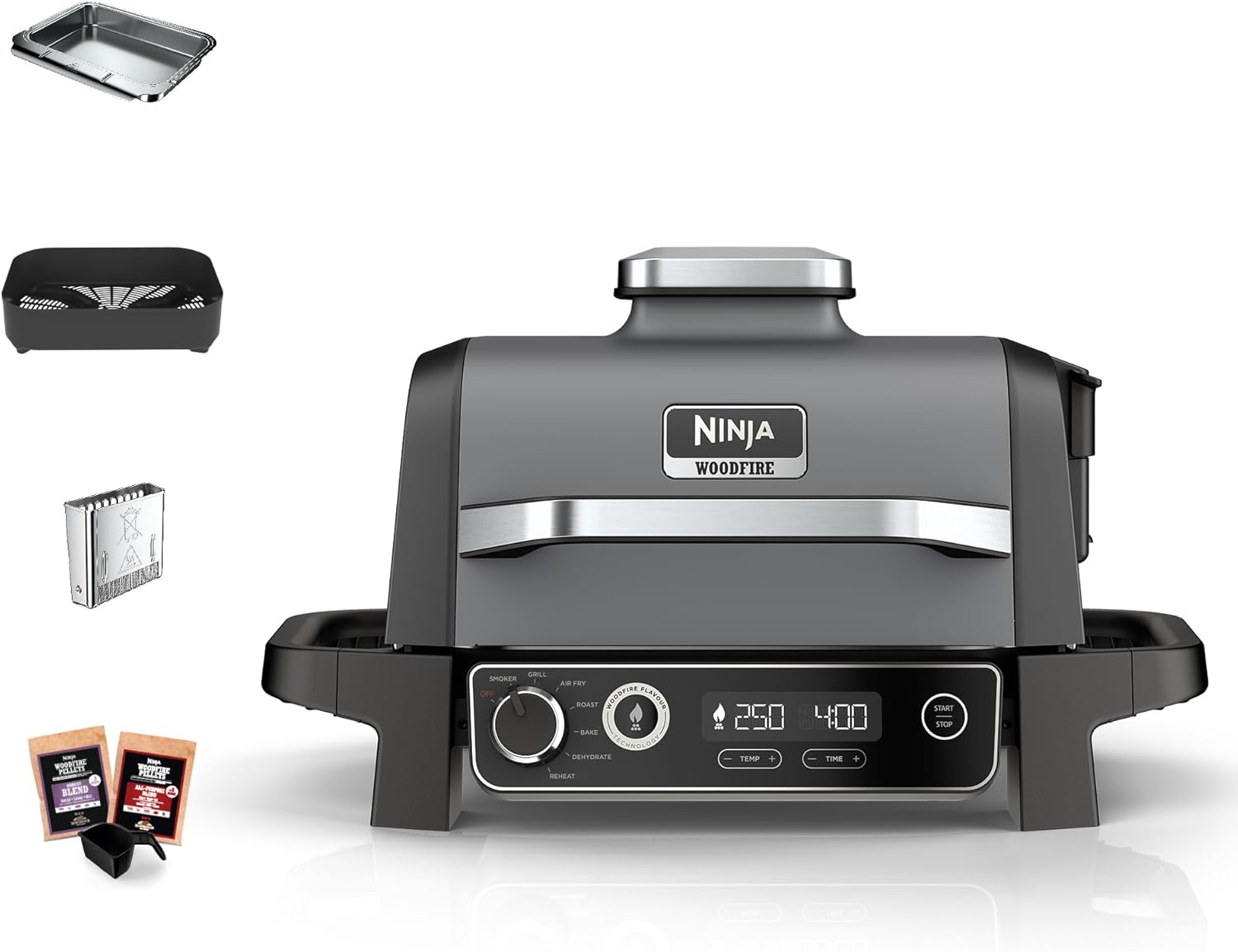 Ninja Woodfire Barbecue électrique et fumoir Pro XL avec thermomètre, barbecue et Air fryer d'extérieur 4-en-1 avec système Smart Cook et granulés Woodfire, portatif, gris/noir, OG850EU
