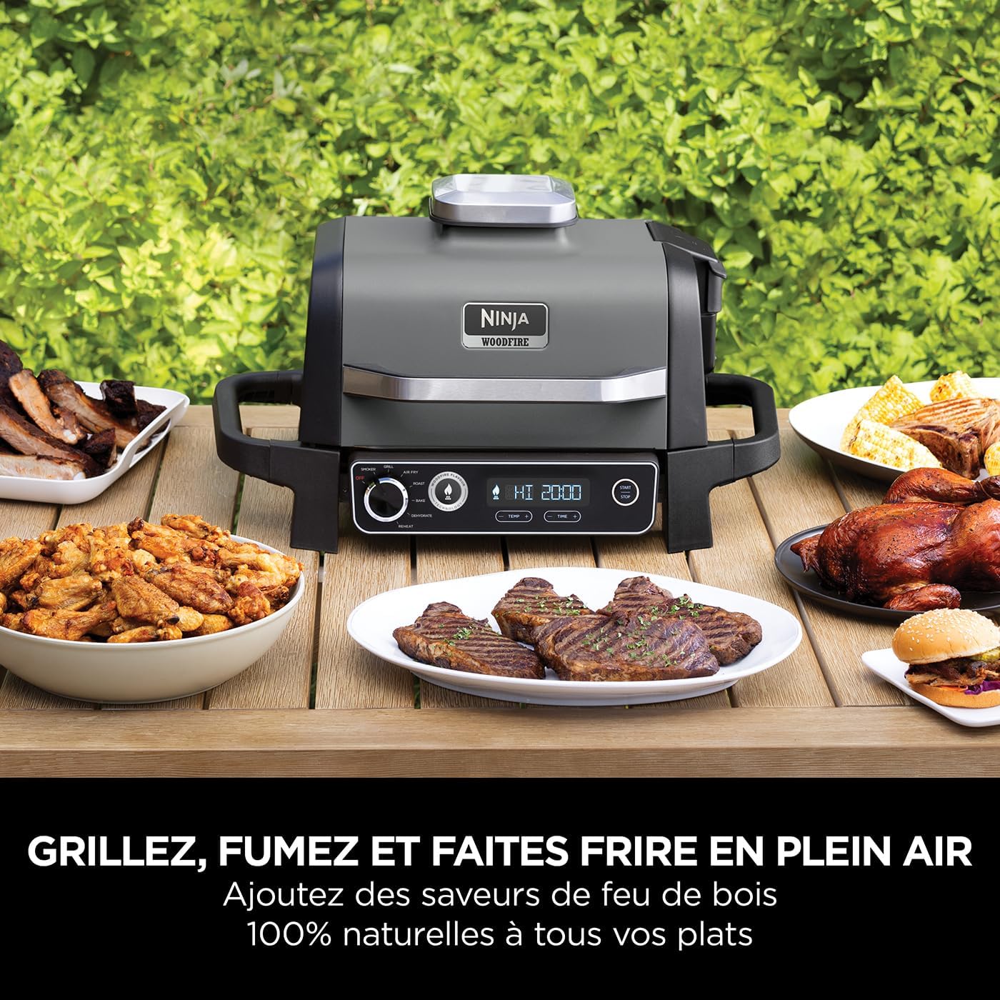 Ninja Woodfire Barbecue électrique et fumoir Pro XL avec thermomètre, barbecue et Air fryer d'extérieur 4-en-1 avec système Smart Cook et granulés Woodfire, portatif, gris/noir, OG850EU