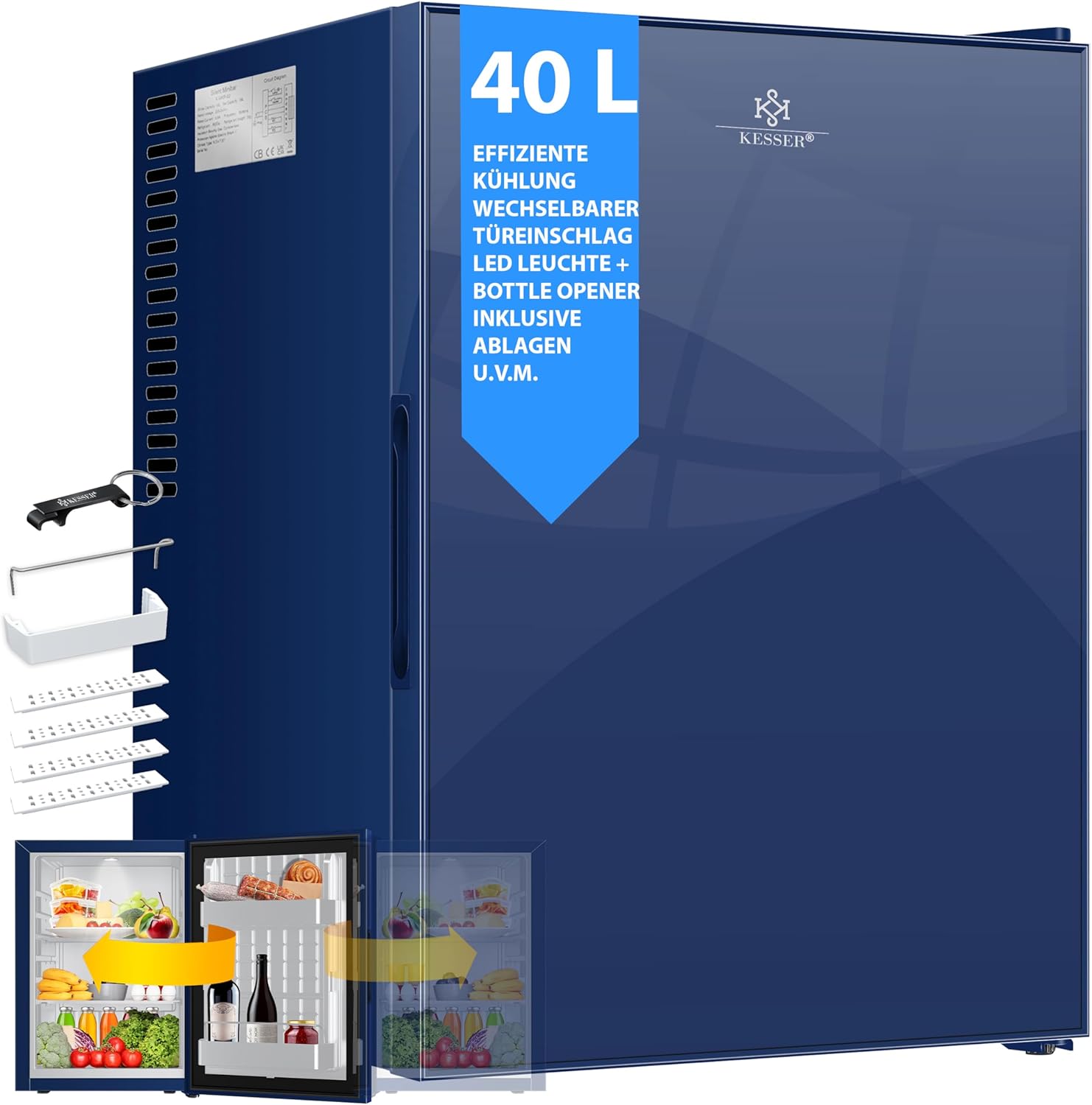 KESSER® Mini réfrigérateur avec Serrure, Mini Bar de 40 l, Silencieux, 22 DB, verrouillable, Chambre à Coucher, butée de Porte Amovible, env. 4 à 16 °C, Hauteur 57 cm, éclairage intérieur