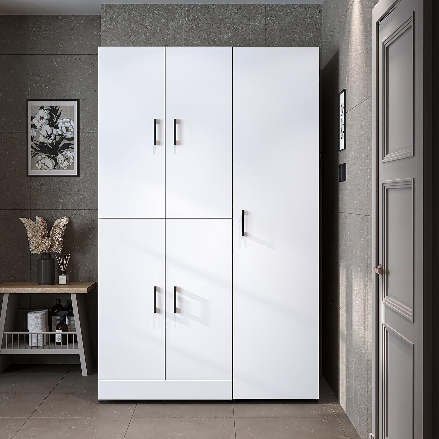 ROOMART Dora - Armoire de machine à laver - Pour sèche-linge et machine à laver - En 4 couleurs - Avec portes et panneau coulissant - Blanc - Chêne blanc - Chêne anthracite - Chêne blanc (chêne blanc)