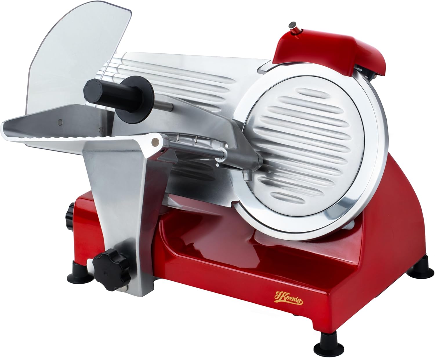 H.Koenig Trancheuse électrique à viande MSX254, charcuterie, professionnelle, précise,coupe 0-12 mm,lame 25 cm,aiguiseur intégré,large plateau,282 rpm, Rouge