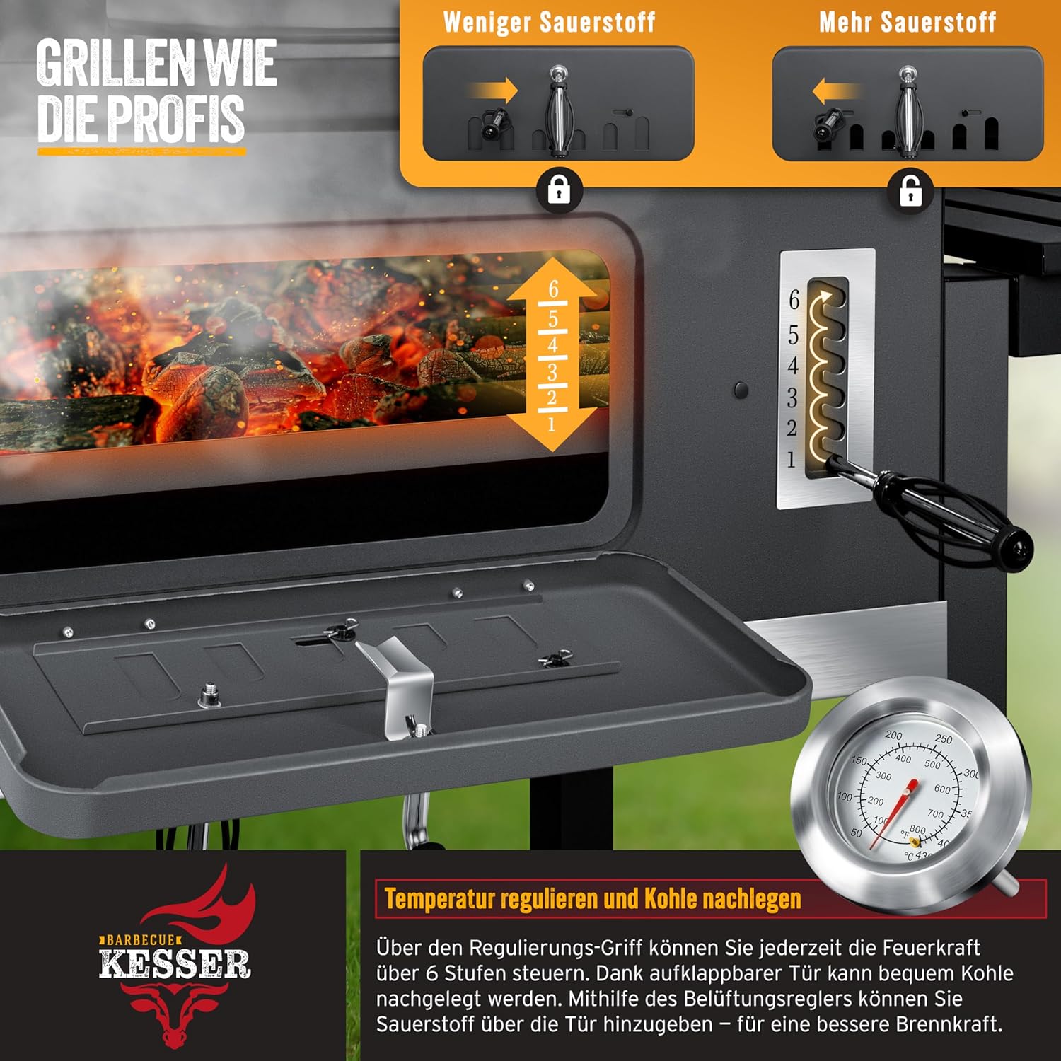 KESSER® Chariot à Barbecue | Grill XL à Charbon de Bois avec Couvercle, Roues, poignée en Acier Inoxydable, Grille et thermomètre | Grand Barbecue au Charbon de Bois