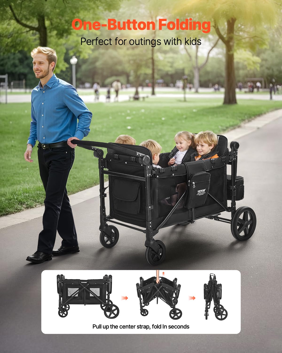VEVOR Poussette Chariot pour 4 Enfants Pliable à Quatre Roues, Capacité de Charge 150 kg, avec Poignée Réglable, Harnais de Sécurité 5 Points, Auvent Amovible, Poussette 4 Places pour Camping, Noir
