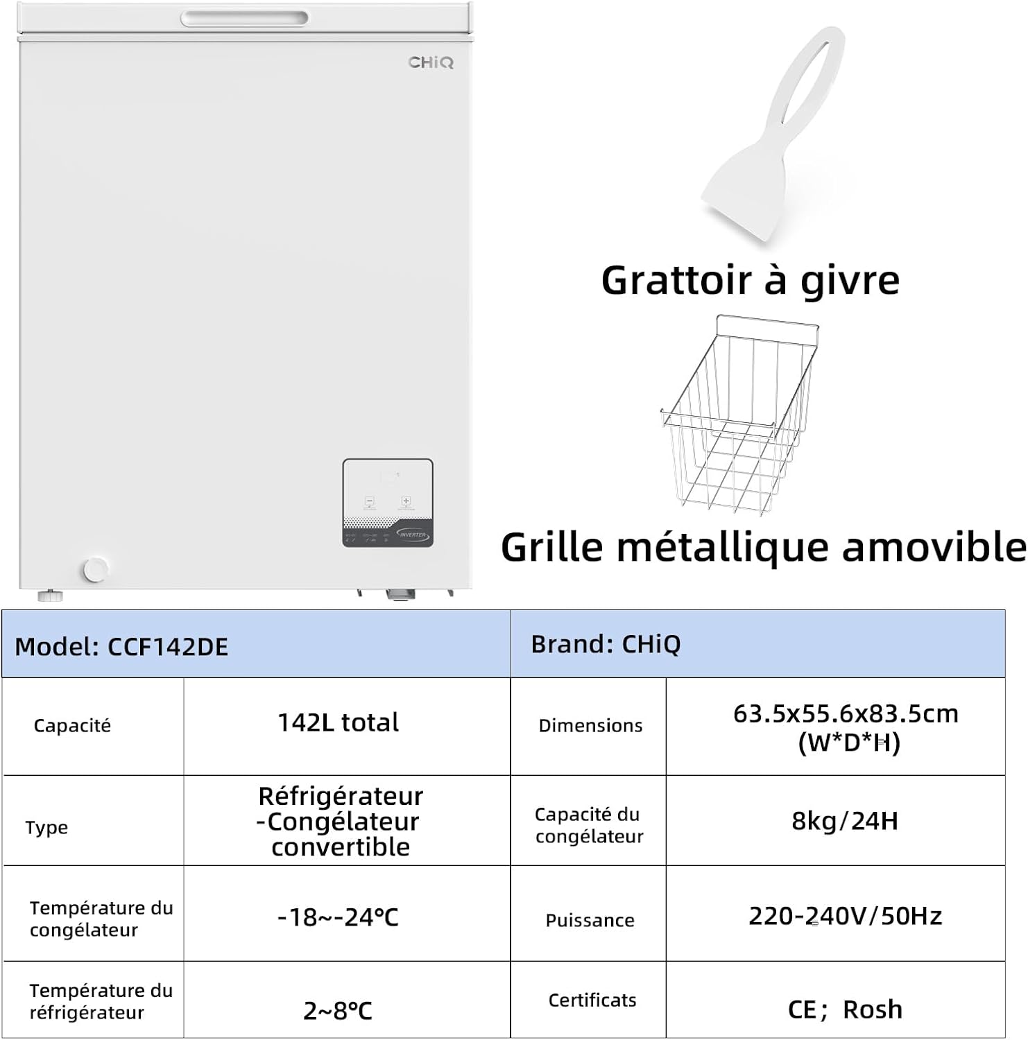 Congélateur coffre CHiQ 142L, 63,5 x 55,6 x 83,5cm, Congélateur Inverter, Affichage de la température extérieure, Mode de congélation rapide -32℃, Grille métallique,Faible bruit
