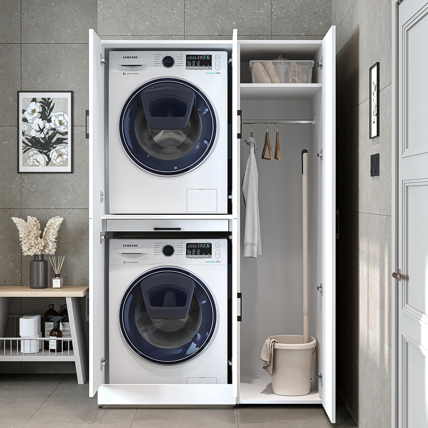 ROOMART Dora - Armoire de machine à laver - Pour sèche-linge et machine à laver - En 4 couleurs - Avec portes et panneau coulissant - Blanc - Chêne blanc - Chêne anthracite - Chêne blanc (chêne blanc)