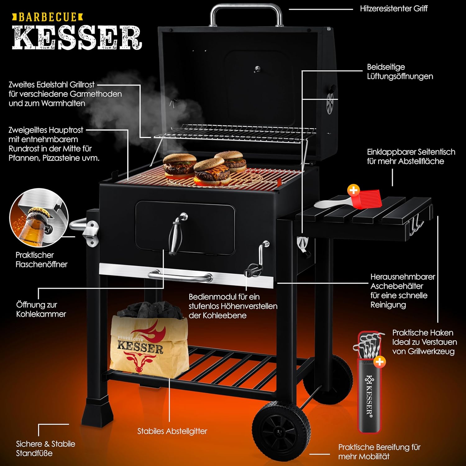 KESSER® Chariot à Barbecue | Grill XL à Charbon de Bois avec Couvercle, Roues, poignée en Acier Inoxydable, Grille et thermomètre | Grand Barbecue au Charbon de Bois