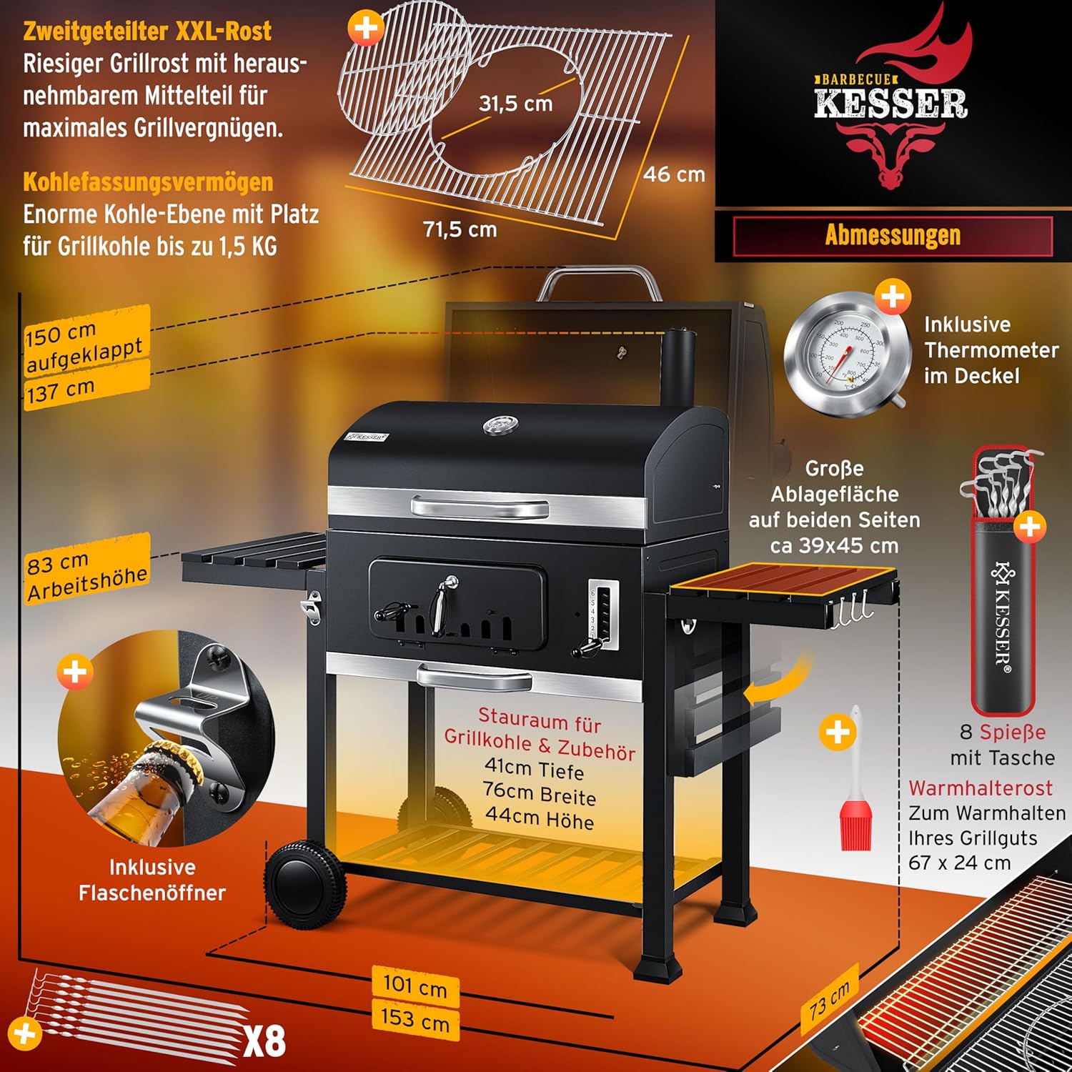 KESSER® Chariot à Barbecue | Grill XL à Charbon de Bois avec Couvercle, Roues, poignée en Acier Inoxydable, Grille et thermomètre | Grand Barbecue au Charbon de Bois
