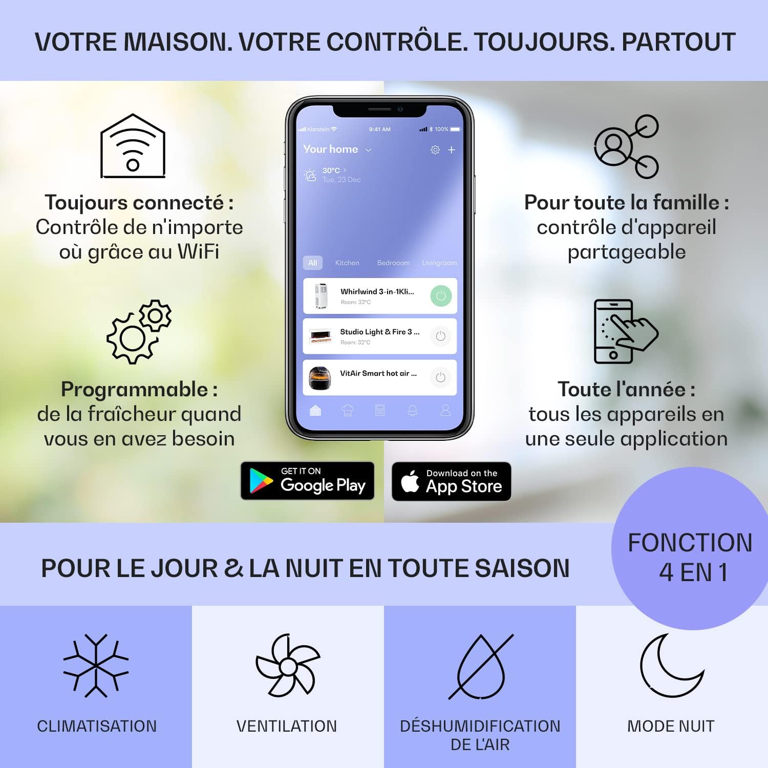 Klarstein Climatiseur Mobile Silencieux, 4 en 1, Mode Nuit, Déshumidificateur, Ventilateur, Mini Climatisation à Faible Conso, Evacuation, Clim Portable, Puissante, 10000 BTU