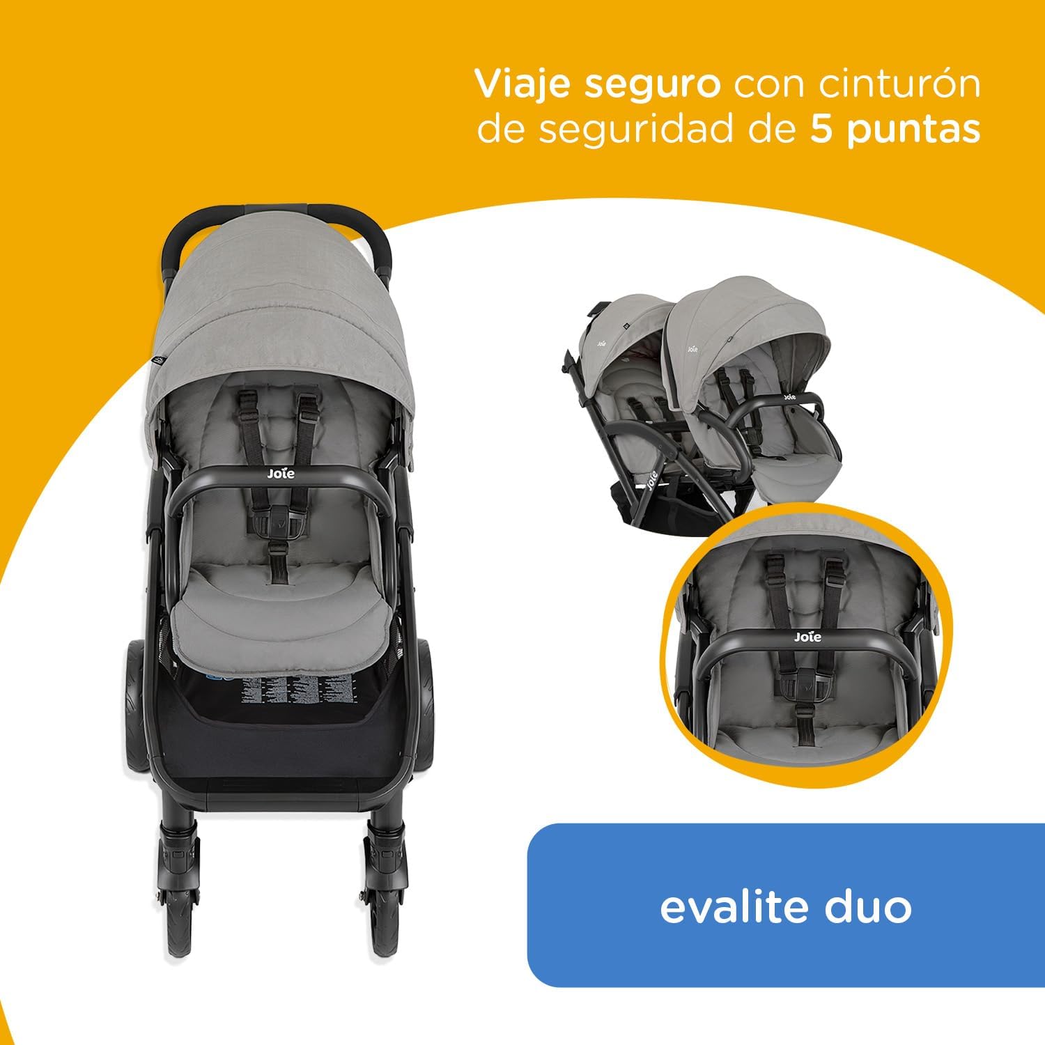 Joie - Evalite™ Duo - Poussette Double - Siège Arrière Inclinable À Plat - Pliage Facile & Compact - Compatible Sièges Auto - Suspension 4 Roues - Harnais 5 Points SoftTouch - Dès la naissance