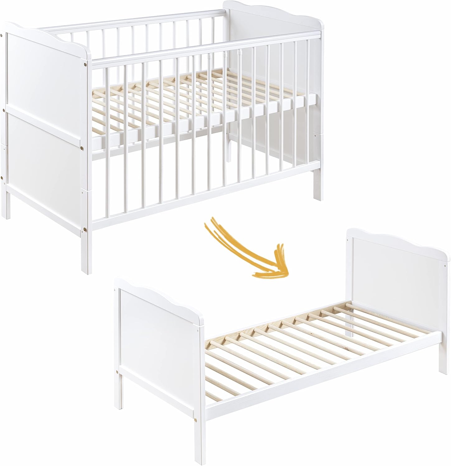 moto-MOLTICO Lit Bébé 60x120 cm avec Tiroir – Lit en Bois Réglable en Hauteur, Transformable en Lit Enfant avec Barrières de Protection – Lit Bébé Fille et Garçon