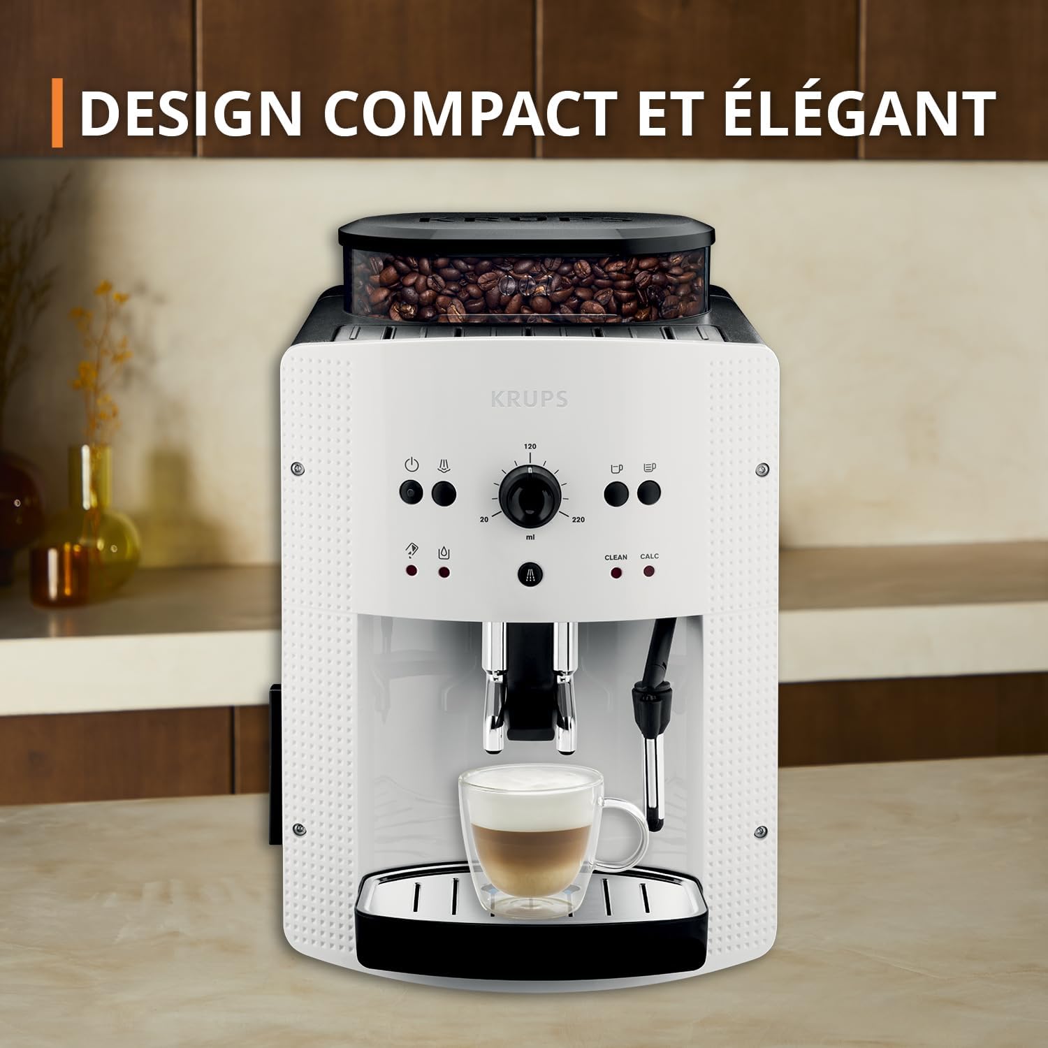 Krups Machine à café grain, 1,7 L, 2 tasses en simultané, Nettoyage automatique, Buse vapeur pour Cappuccino, Cafetière espresso, Essential noire YY8125FD, Noir