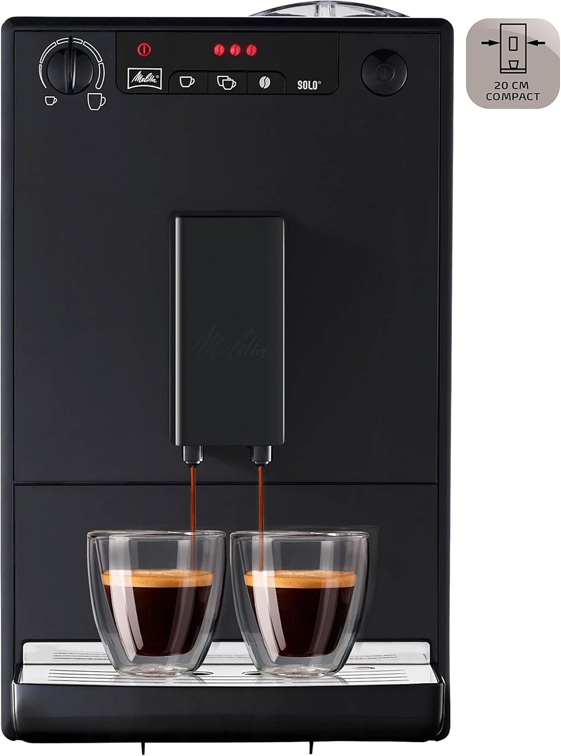 Melitta Caffeo Solo Noir Pure Black, Machine à Café à Grains avec Broyeur et Système d'Extraction des Arômes, Affichage LED, Mode 1 à 2 Tasses, Cafetière Expresso, Automatique, E950-222, 1400W