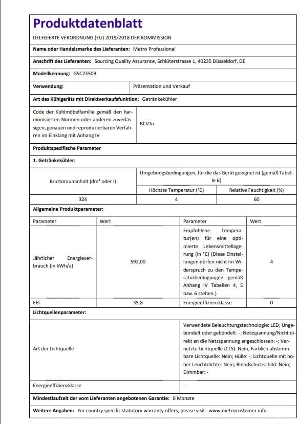 METRO Professional Réfrigérateur à Boissons GSC2360B, Acier/Verre, 62 x 63.6 x 175.3 cm, 347 L, avec Serrure, Noir