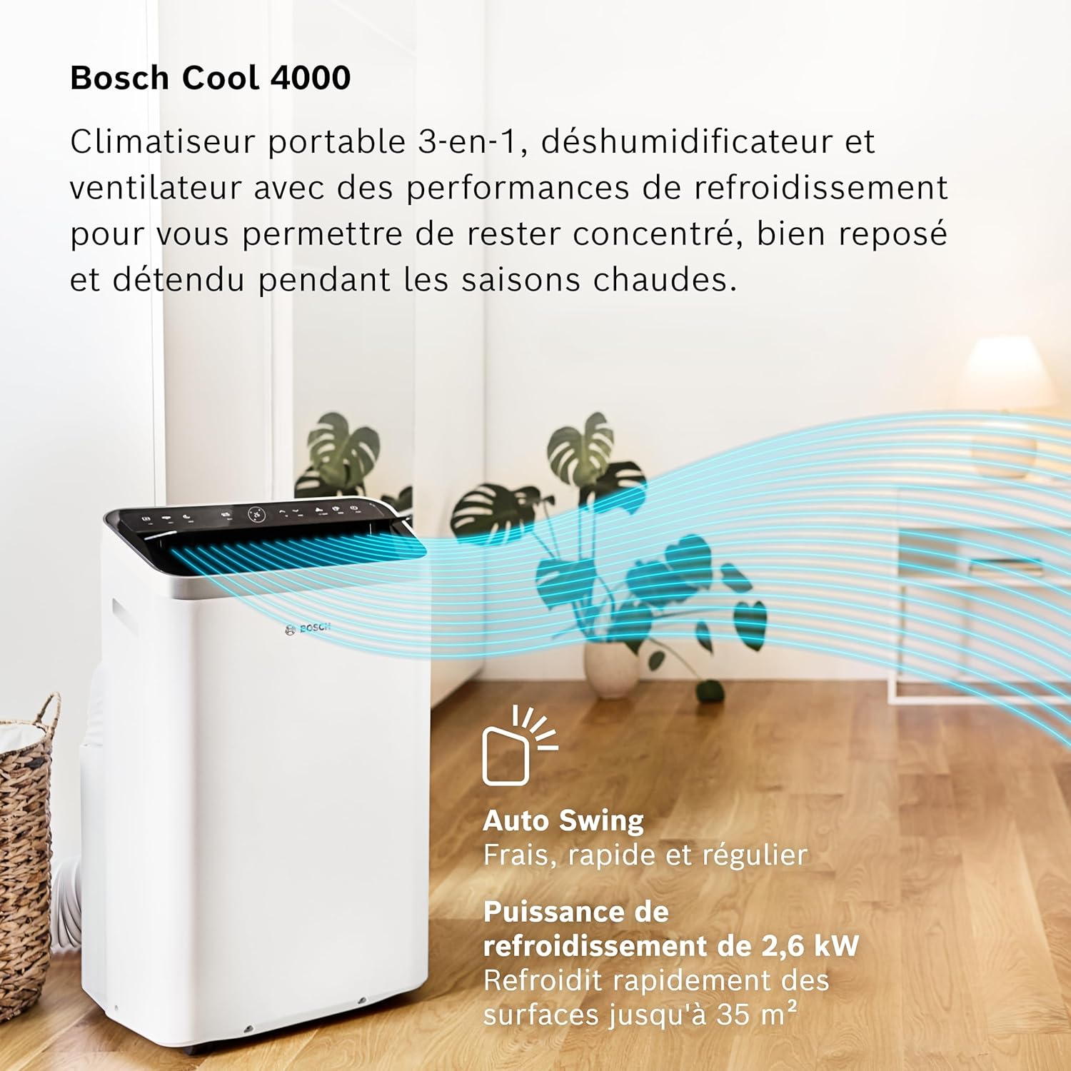 Bosch Cool 2000 Portable AC - 3 en 1 : Climatiseur, Déshumidificateur, Ventilateur - 2,6kW PAC pour les pièces jusqu'à 35m² - Avec Mode Auto, Mode Silencieux & Mode Veille