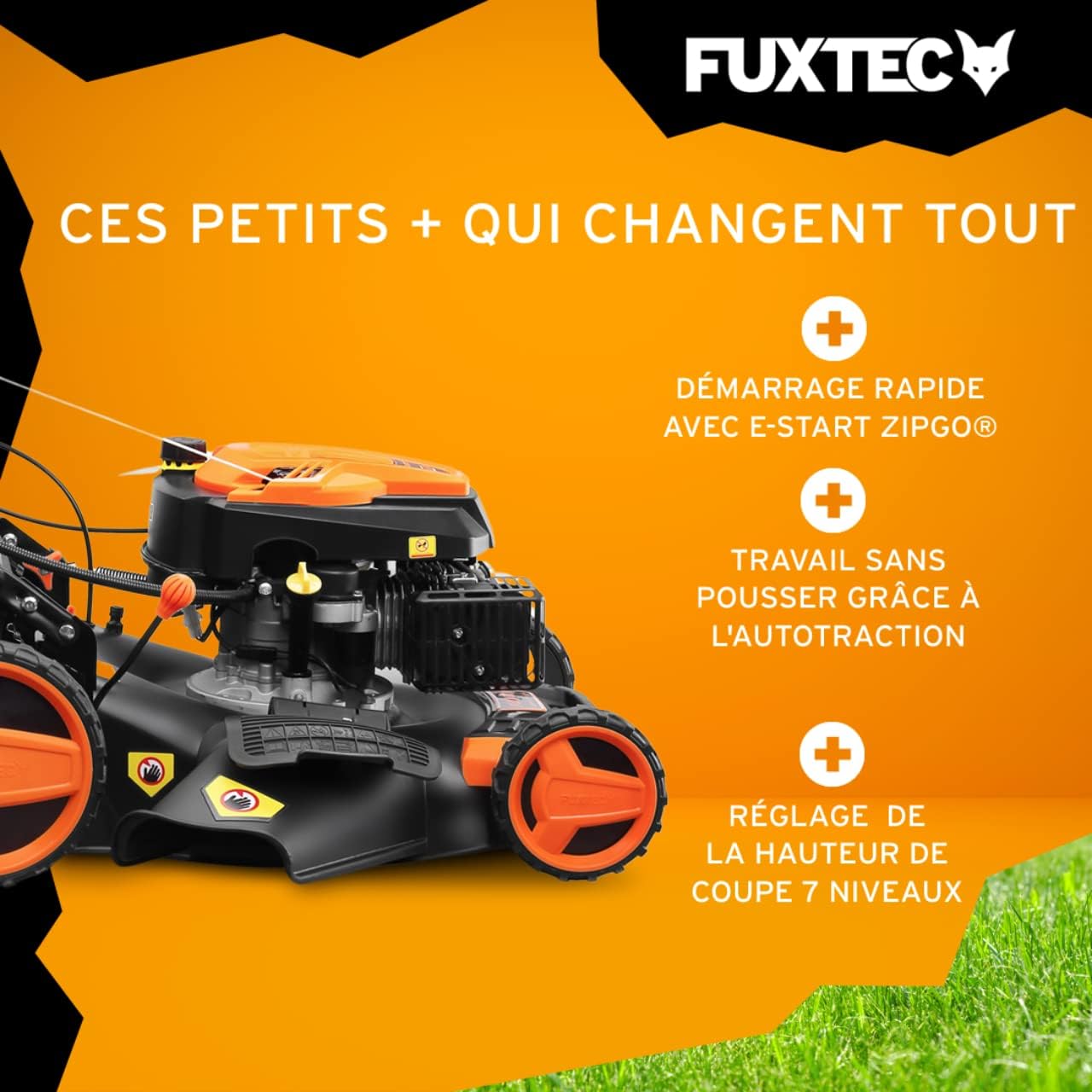 FUXTEC Tondeuse Thermique Autotractée Démarrage Électrique FX-RM5170eS 4en1-170cm3 4CV | 4 Temps | Largeur 51cm, Hauteur De Coupe 7 Positions, Bac 60L, Fonction Mulching, Éjection Latérale