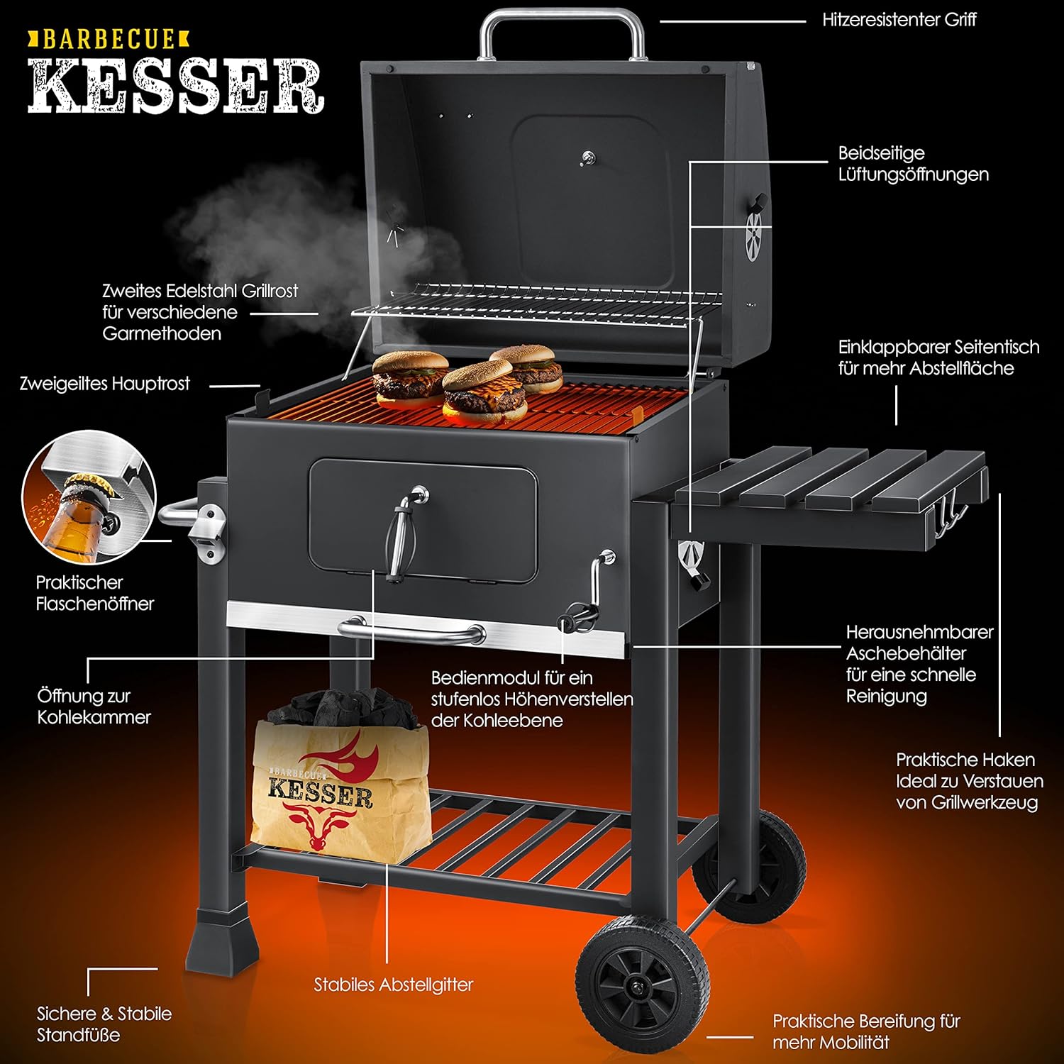 KESSER® Chariot à Barbecue | Grill XL à Charbon de Bois avec Couvercle, Roues, poignée en Acier Inoxydable, Grille et thermomètre | Grand Barbecue au Charbon de Bois
