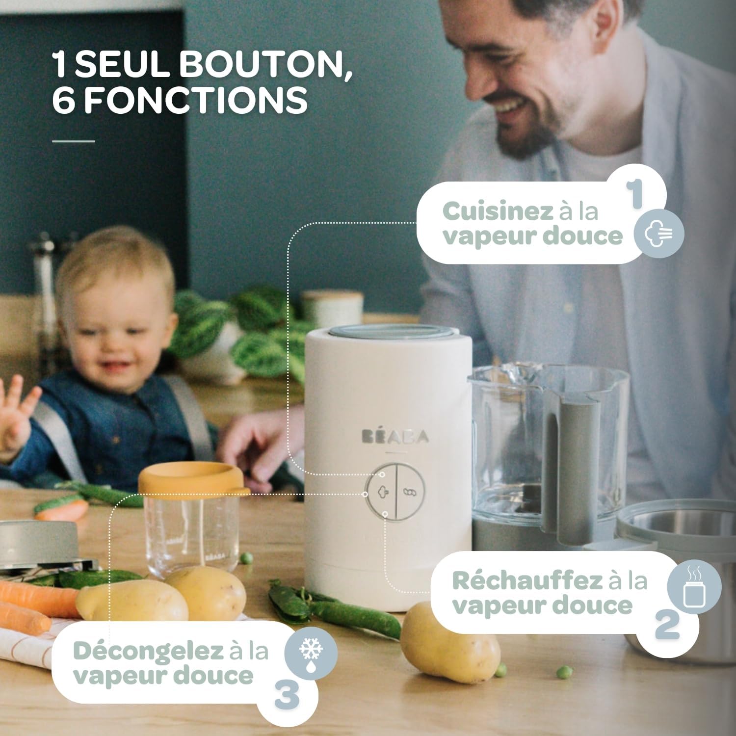 BÉABA, Babycook Néo, Mixeur Cuiseur Vapeur 6 en 1, Robot Bebe Fabriqué en France, Bol en Verre, Cuve Inox, Grande contenance, Diversification alimentaire, Petits pots bébé maison, Rapide, Eucalyptus