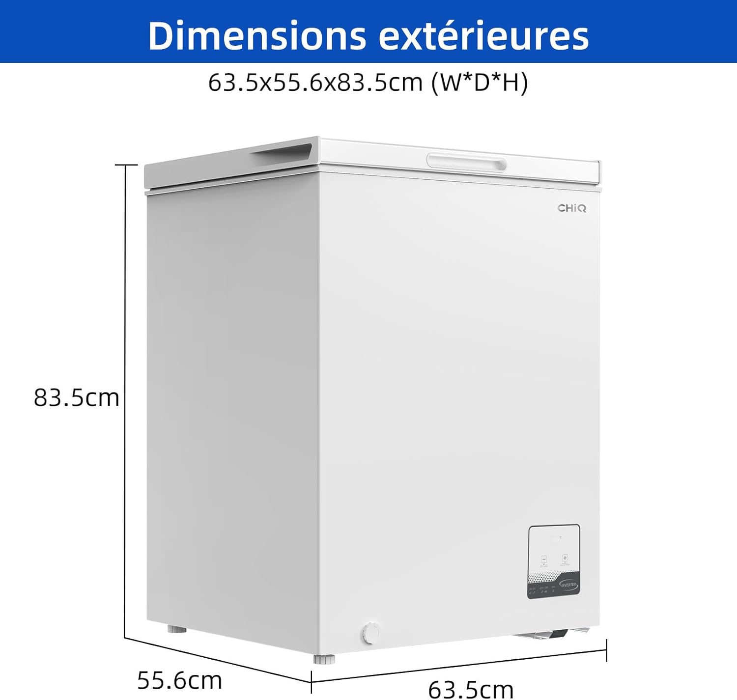 Congélateur coffre CHiQ 142L, 63,5 x 55,6 x 83,5cm, Congélateur Inverter, Affichage de la température extérieure, Mode de congélation rapide -32℃, Grille métallique,Faible bruit
