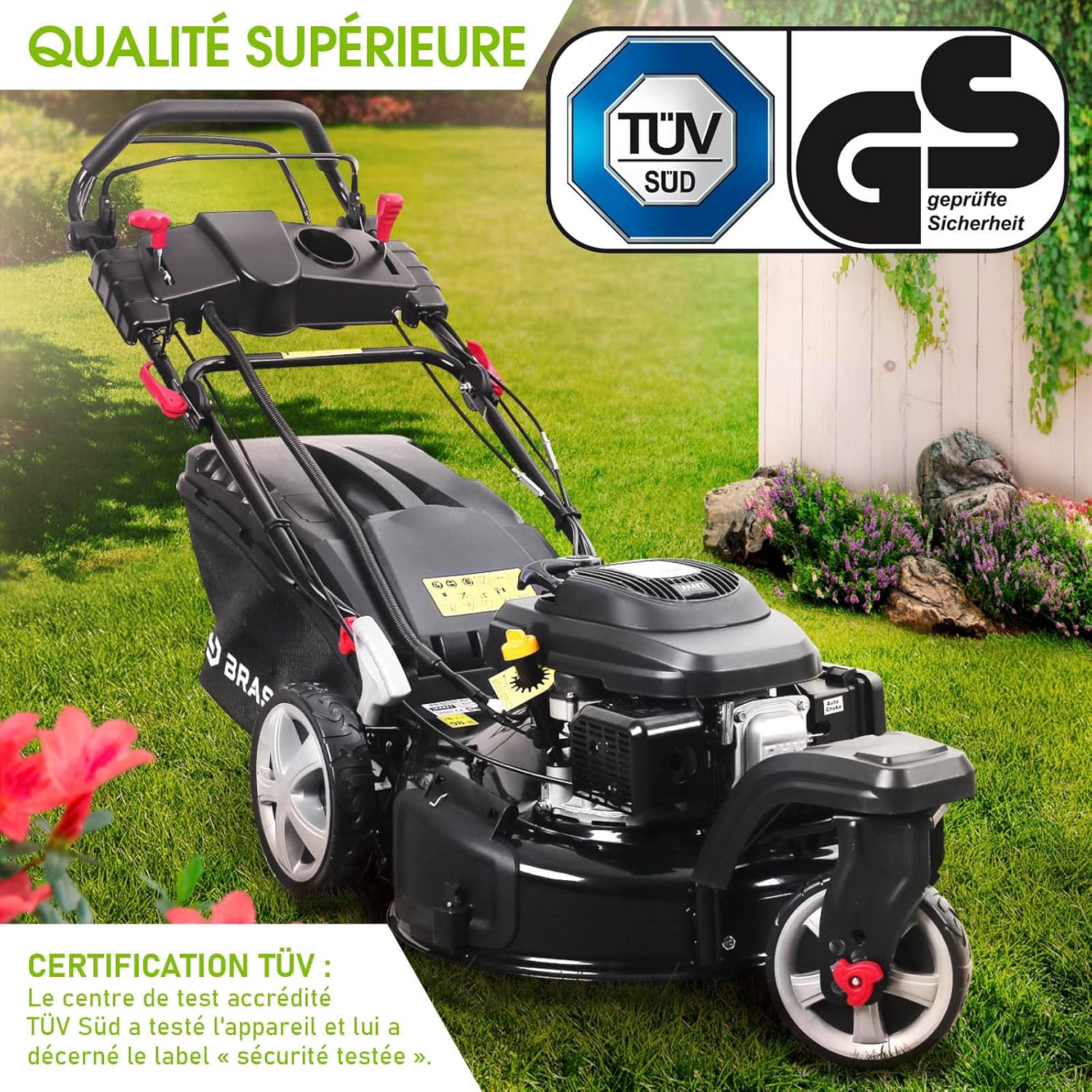 BRAST tondeuse thermique 3 roues TRIKE E-START 224cc 53cm tractée démarrage électrique mulching 4en1 capot en tôle en acier 60l - moteur 4 temps de la marque française GT reglable