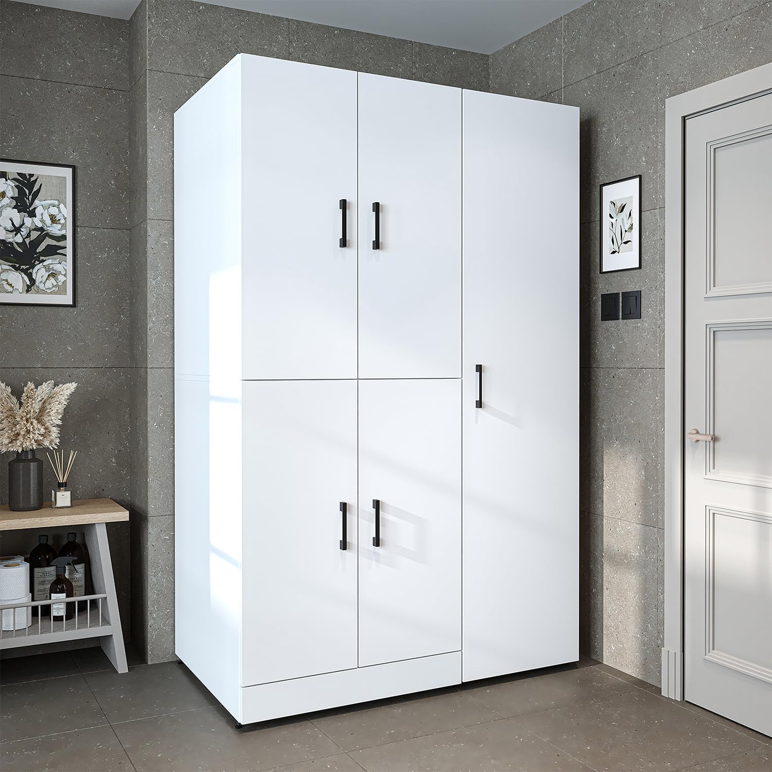 ROOMART Dora - Armoire de machine à laver - Pour sèche-linge et machine à laver - En 4 couleurs - Avec portes et panneau coulissant - Blanc - Chêne blanc - Chêne anthracite - Chêne blanc (chêne blanc)