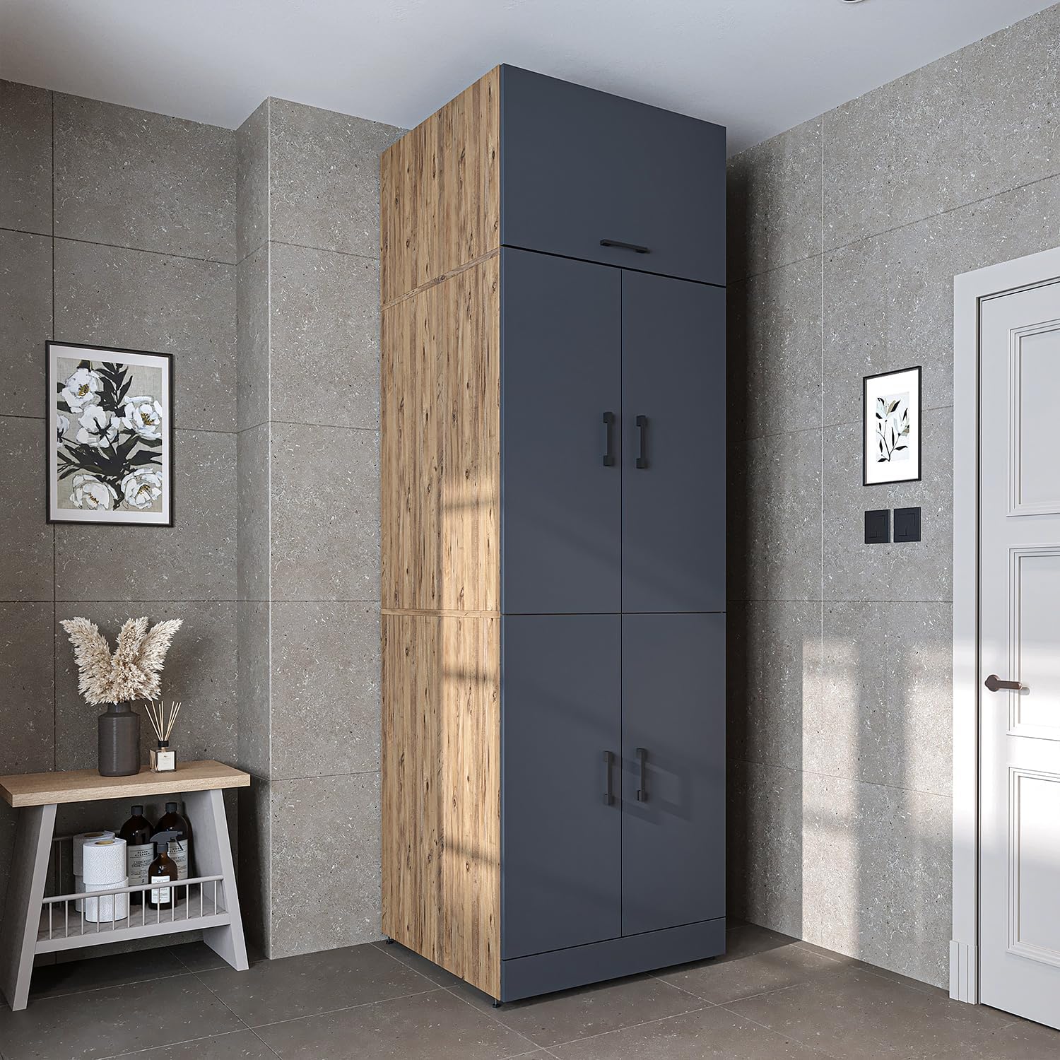 ROOMART Dora Armoire de machine à laver, pour sèche-linge et machine à laver, en 4 couleurs, avec portes et planche coulissante (chêne anthracite)