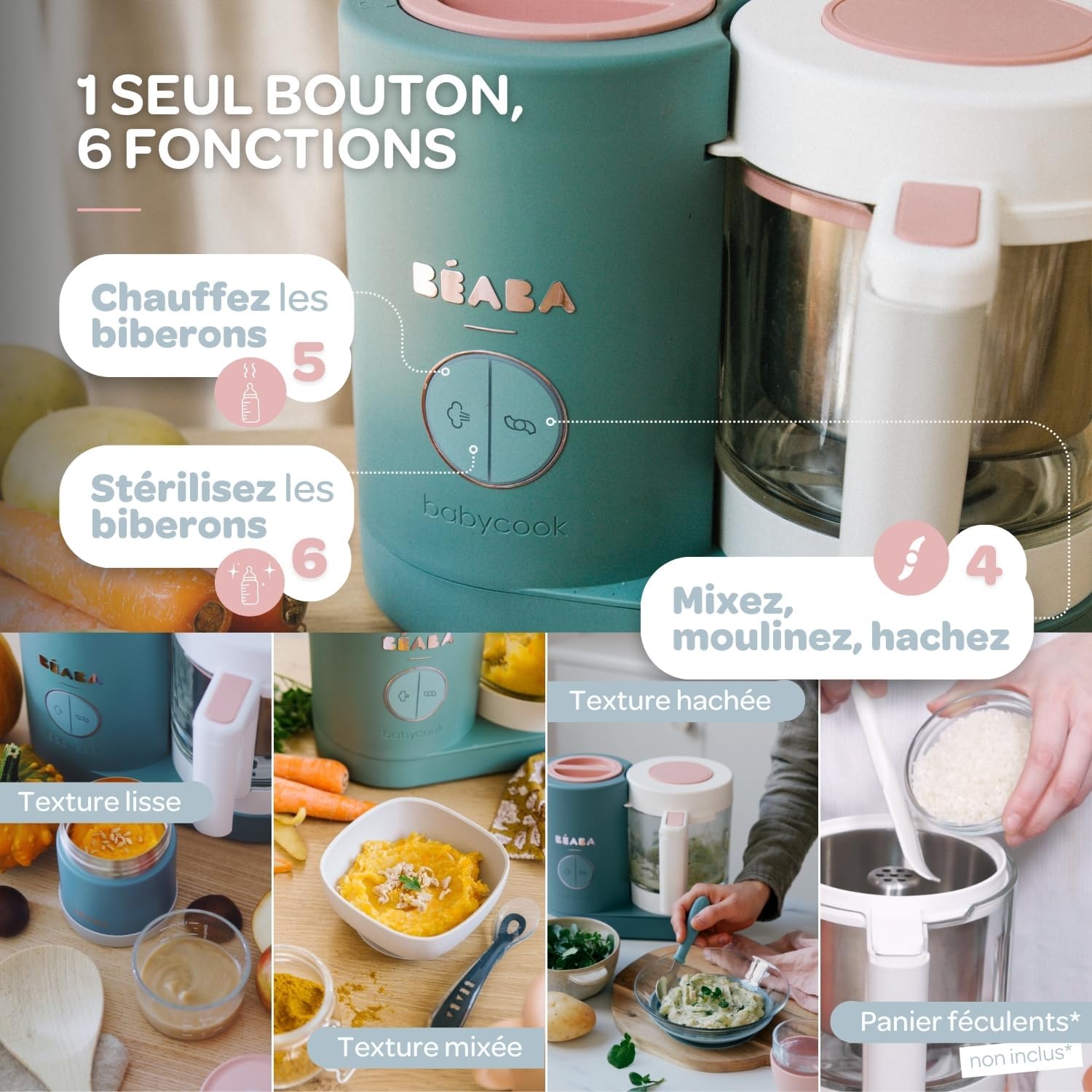 BÉABA, Babycook Néo, Mixeur Cuiseur Vapeur 6 en 1, Robot Bebe Fabriqué en France, Bol en Verre, Cuve Inox, Grande contenance, Diversification alimentaire, Petits pots bébé maison, Rapide, Eucalyptus
